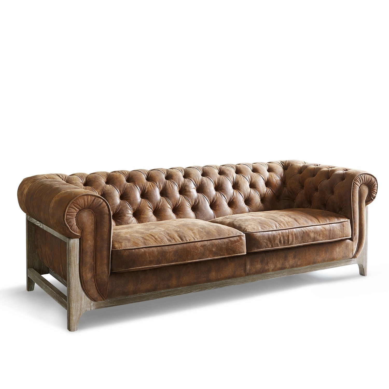 Sofá Swansboro Sofá Chesterfield de cuero marrón con marco de madera, mueble elegante para salón