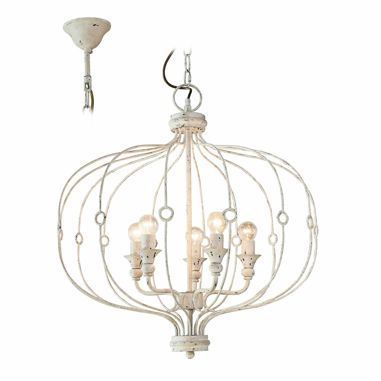 Lámpara de araña Aragonese Lámpara de techo de metal blanco estilo vintage con seis bombillas, luz decorativa para salón