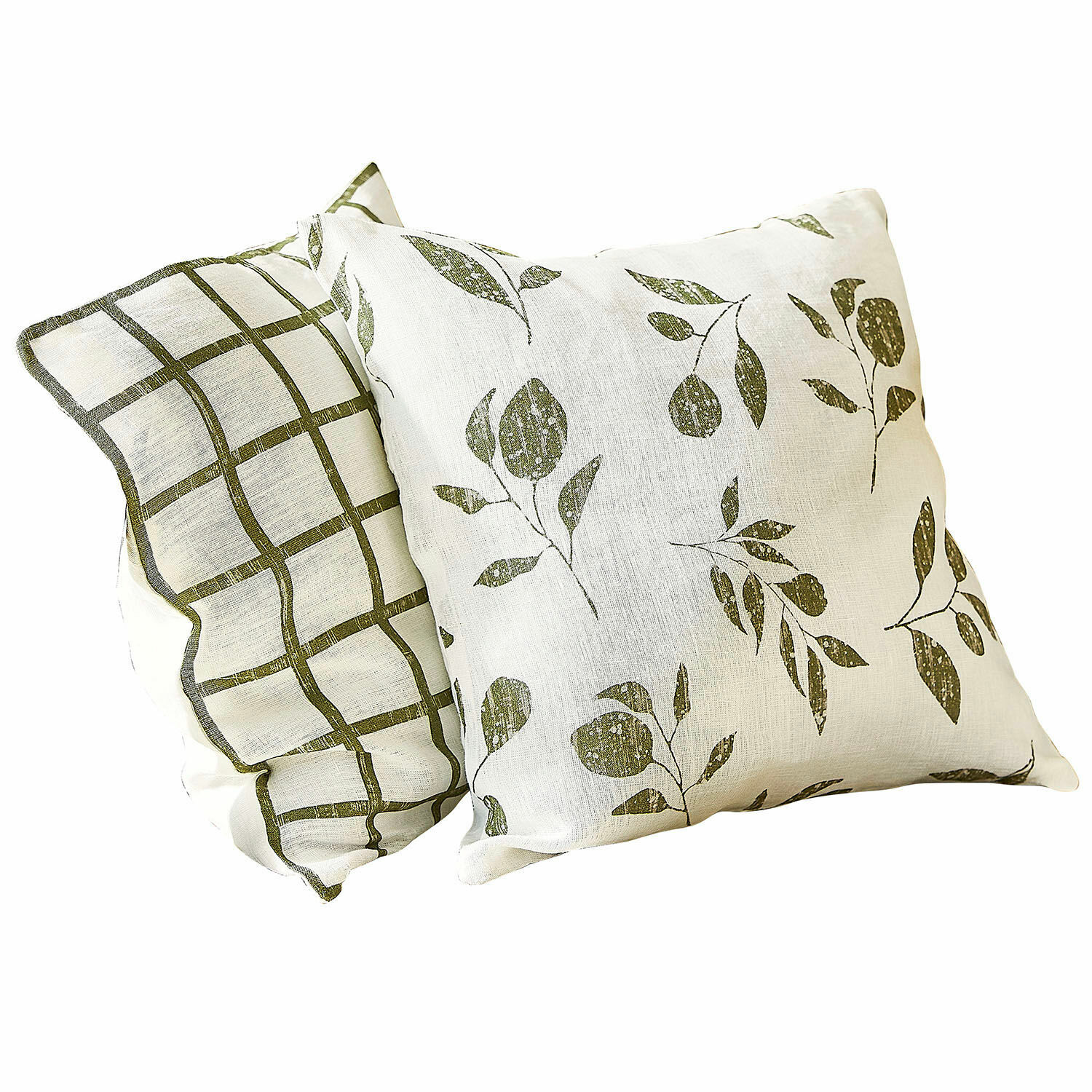 Conjunto de dos cojines decorativos de lino blanco con estampado verde de hojas y cuadros