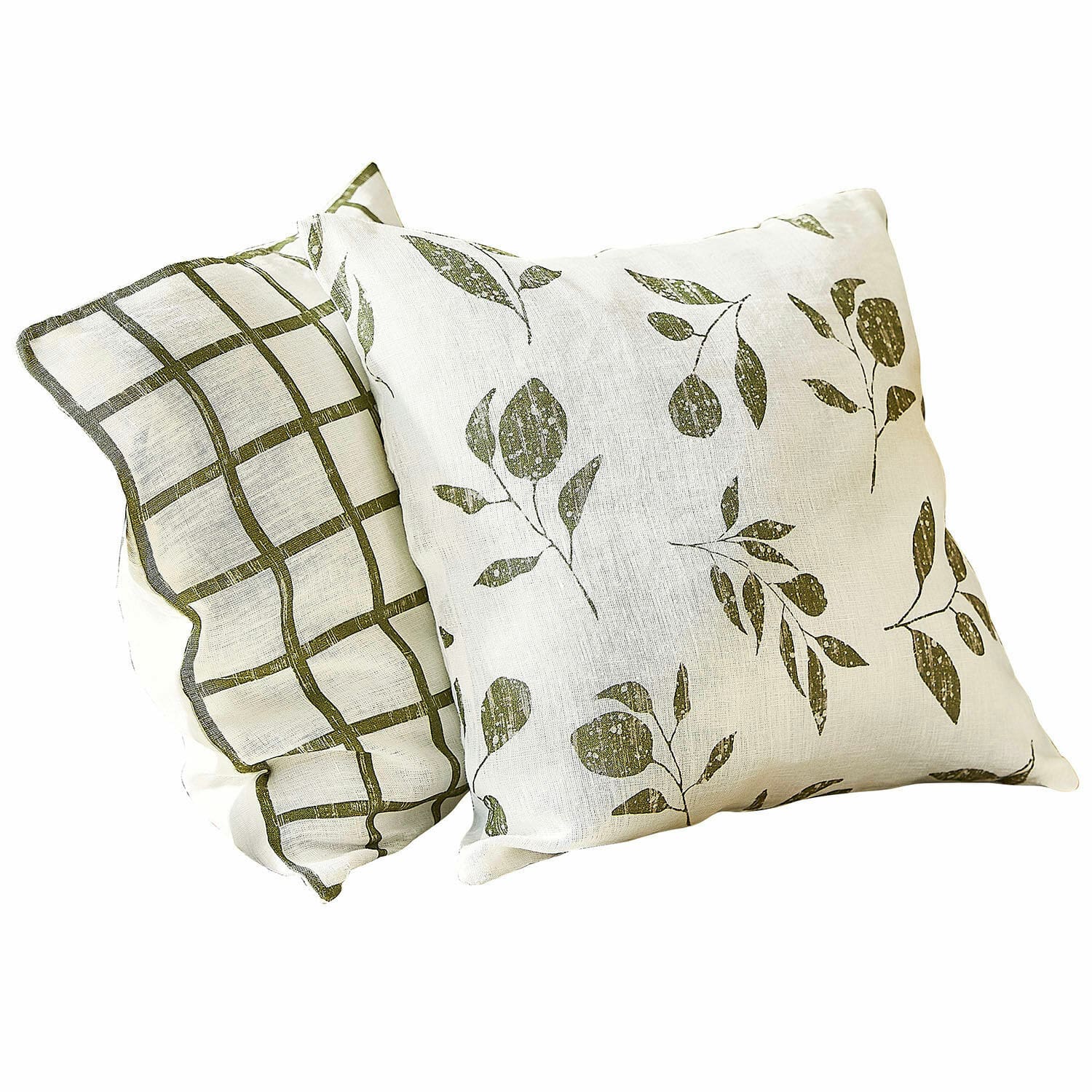 Set de 2 fundas de cojín Klivento Conjunto de dos cojines decorativos de lino blanco con estampado verde de hojas y cuadros