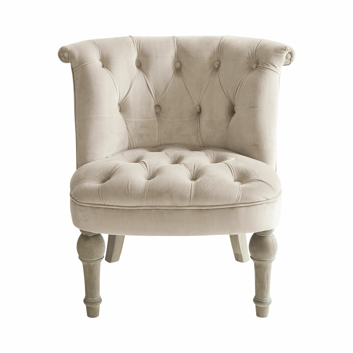 crema/marrón Sillón Ardilleux color champán de tela suave con patas de madera, mueble elegante para sala