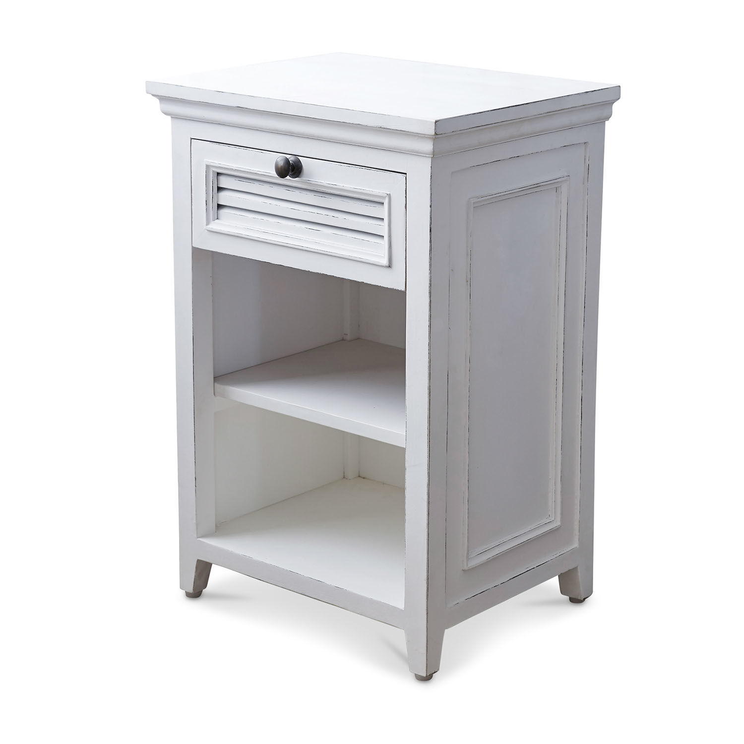 Mesilla de noche Williston Mesita de noche blanca de madera con cajón y estantes, mueble para dormitorio y salón
