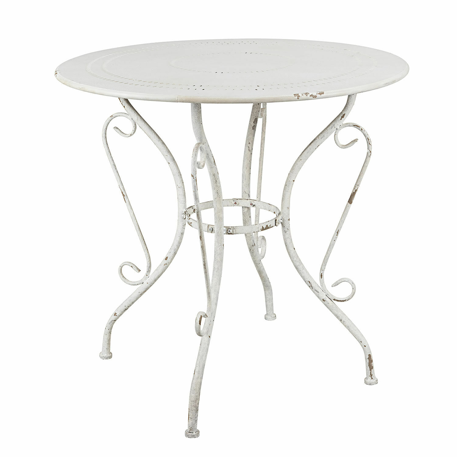 blanco envejecido Mesa redonda de metal en blanco antiguo con patas decorativas, mueble de jardín vintage