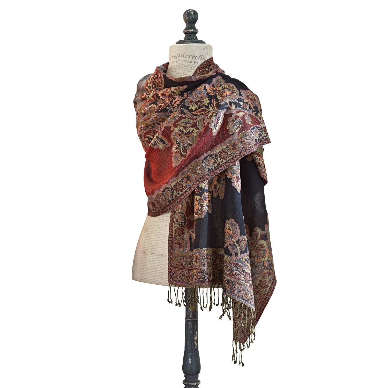 Chal Albon Bufanda cálida con diseño floral en rojo y negro con flecos, tejido suave y decorativo para invierno