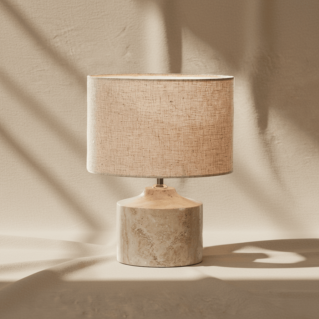 Lámpara de mesa con pantalla beige y base de mármol color natural para decoración de interiores