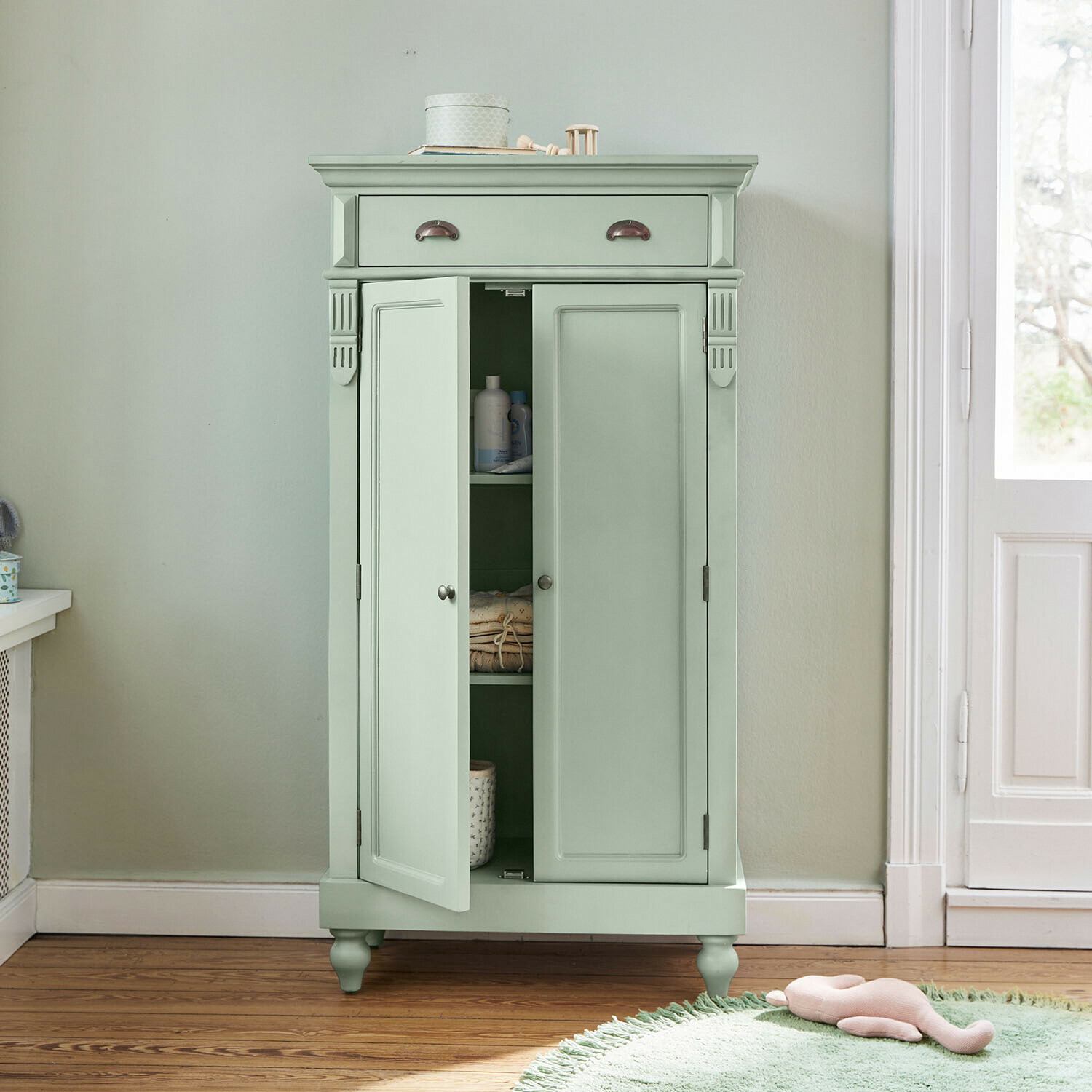 Armario de madera verde menta con cajón y estantes, estilo vintage, almacenamiento para habitación infantil