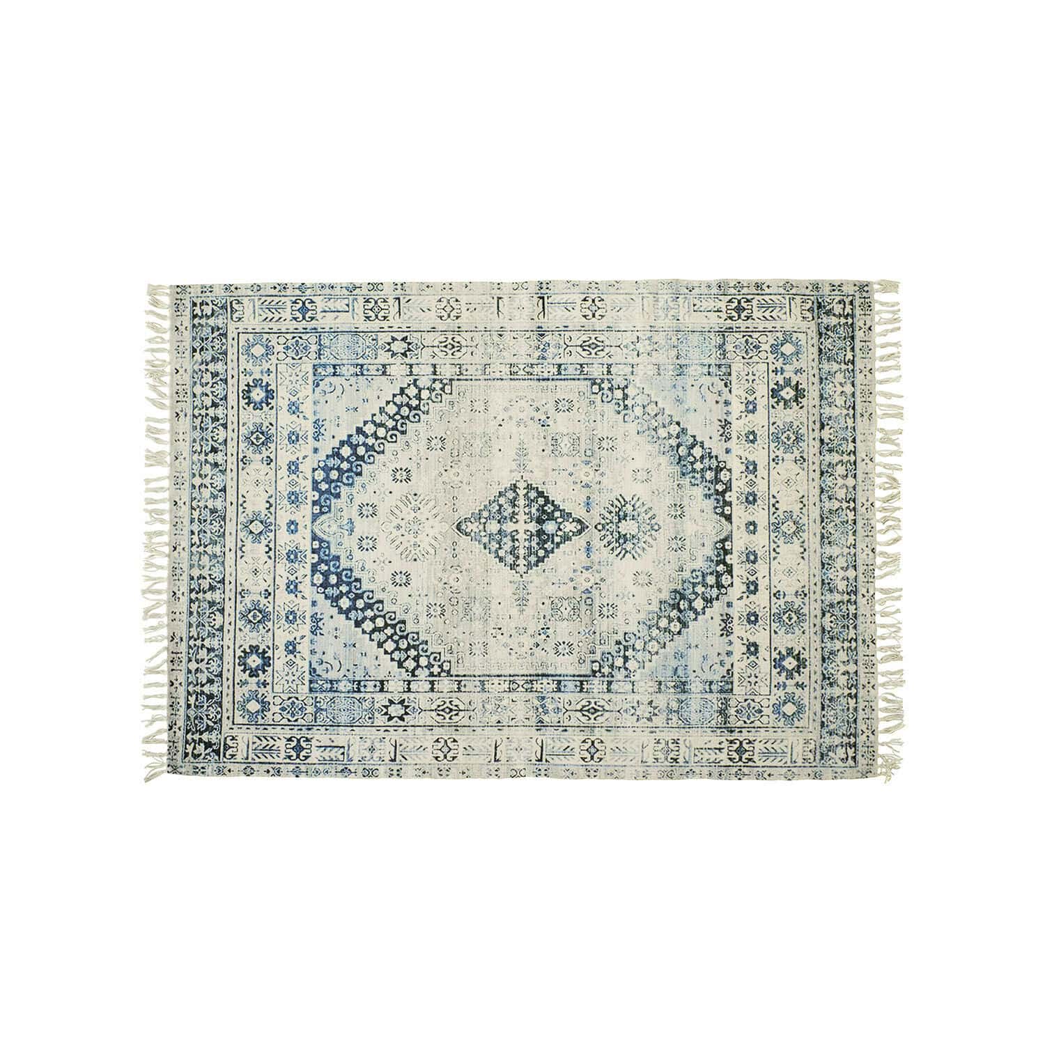 Alfombra para interior y exterior Daly Alfombra con diseño oriental en tonos azul y crema con flecos, decoración para suelos