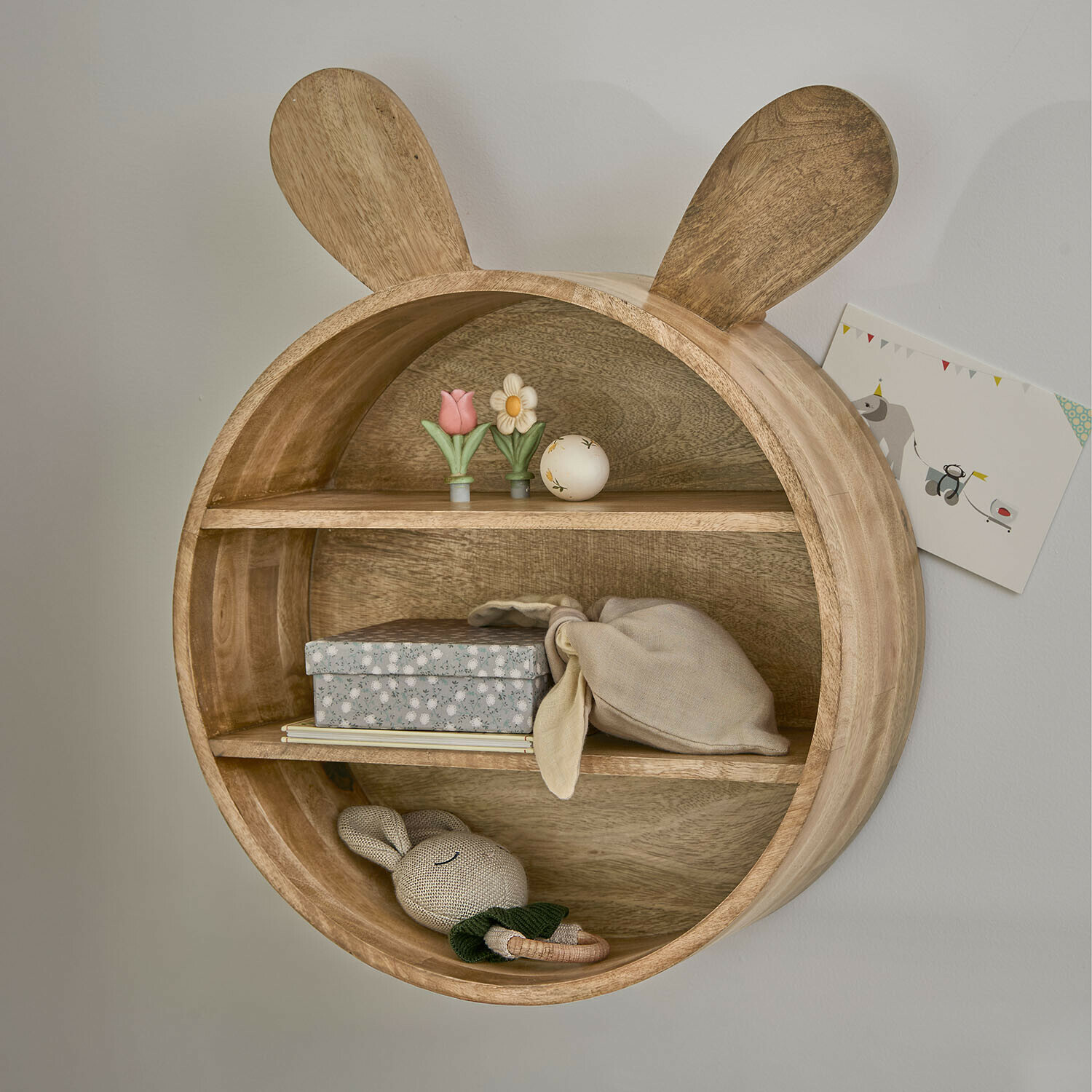 Estantería de pared infantil Papillonette Estantería redonda de madera natural con orejas de conejo, decoración para habitación infantil