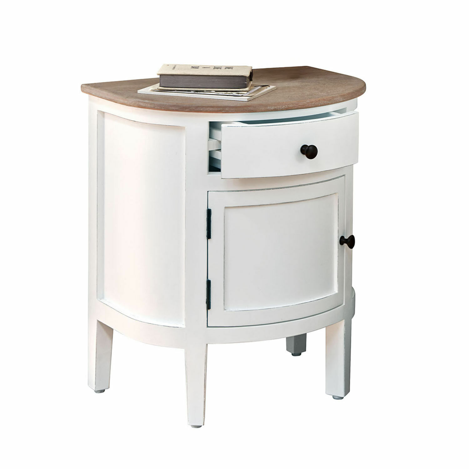 Mesita de noche blanca de madera con tablero semicircular de madera y cajón de almacenamiento
