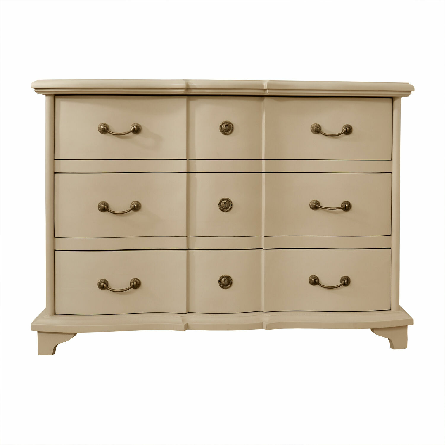 Cómoda beige Aiguillon de madera con seis cajones y tiradores metálicos para almacenamiento