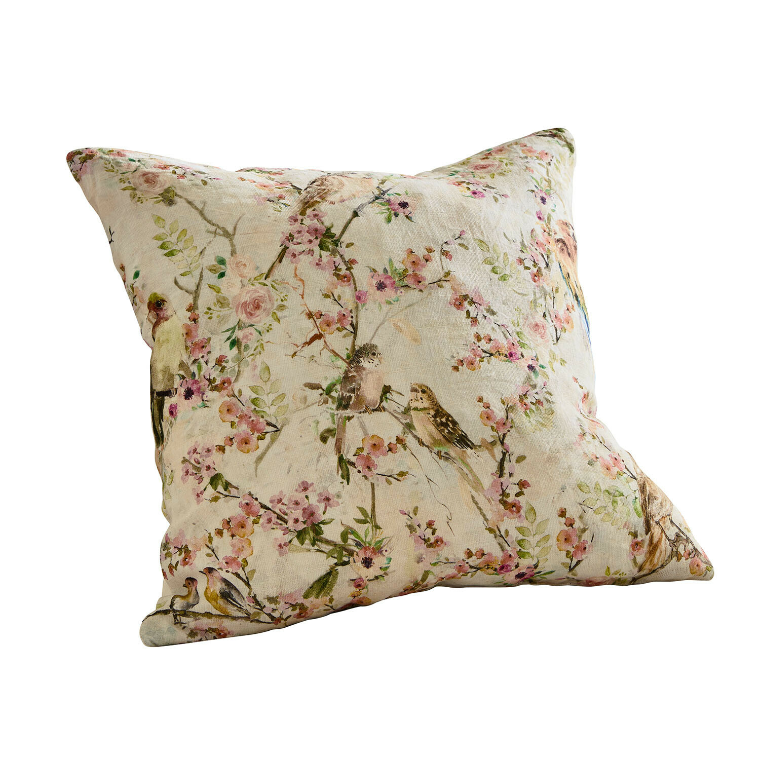Funda de cojín Florémont Cojín decorativo de lino color crema con estampado de pájaros y flores, estilo rústico