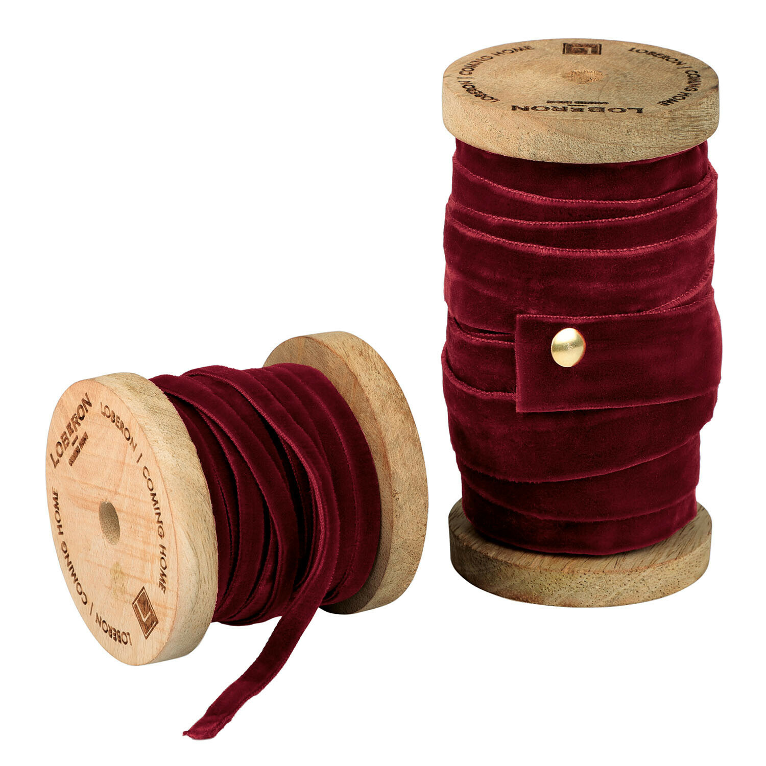 Set de dos cintas de terciopelo rojo en carretes de madera para decoración y manualidades