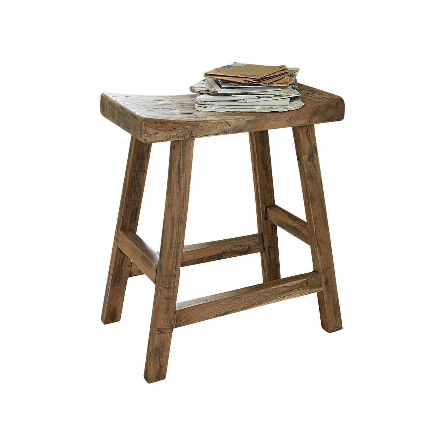 Taburete Nael Taburete de madera natural marrón con periódicos encima, mueble rústico para el hogar