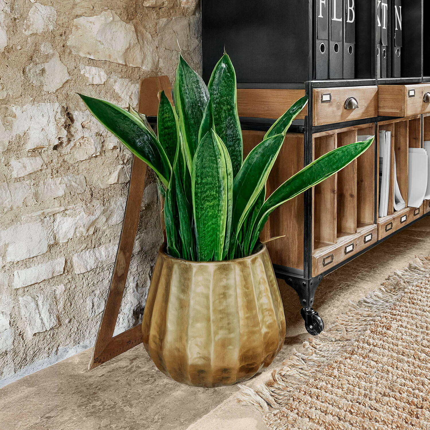 Planta de interior en maceta de cerámica marrón junto a estantería de madera con detalles metálicos