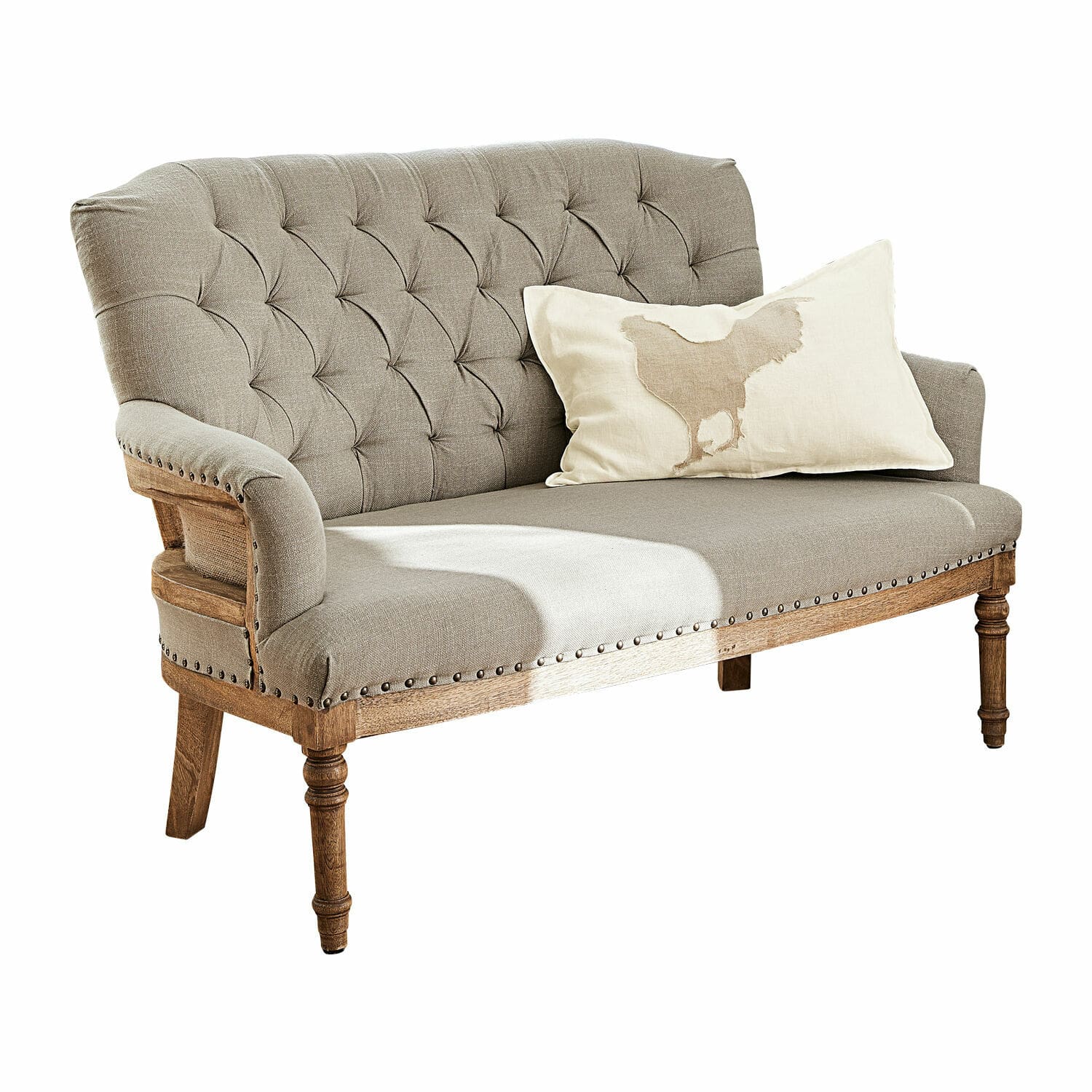 Sofá Kingsley Sofá beige de tela con estructura de madera y cojín decorativo con motivo de gallina