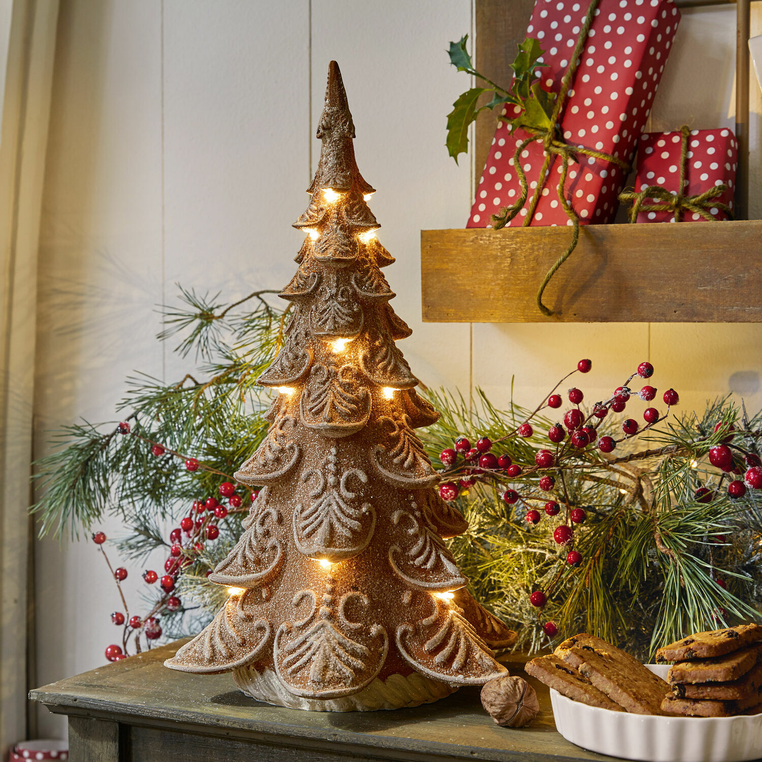 Árbol decorativo Anyama Árbol de Navidad decorativo de cerámica marrón con luces LED para decoración navideña