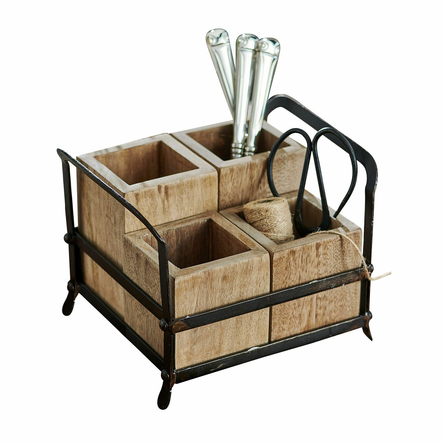 Organizador Postes Organizador de madera con marco metálico negro y cuatro compartimentos para guardar accesorios