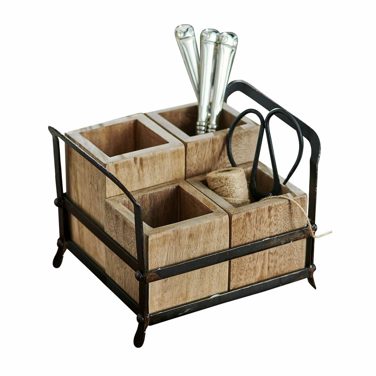 Organizador Postes Organizador de madera con marco metálico negro y cuatro compartimentos para guardar accesorios