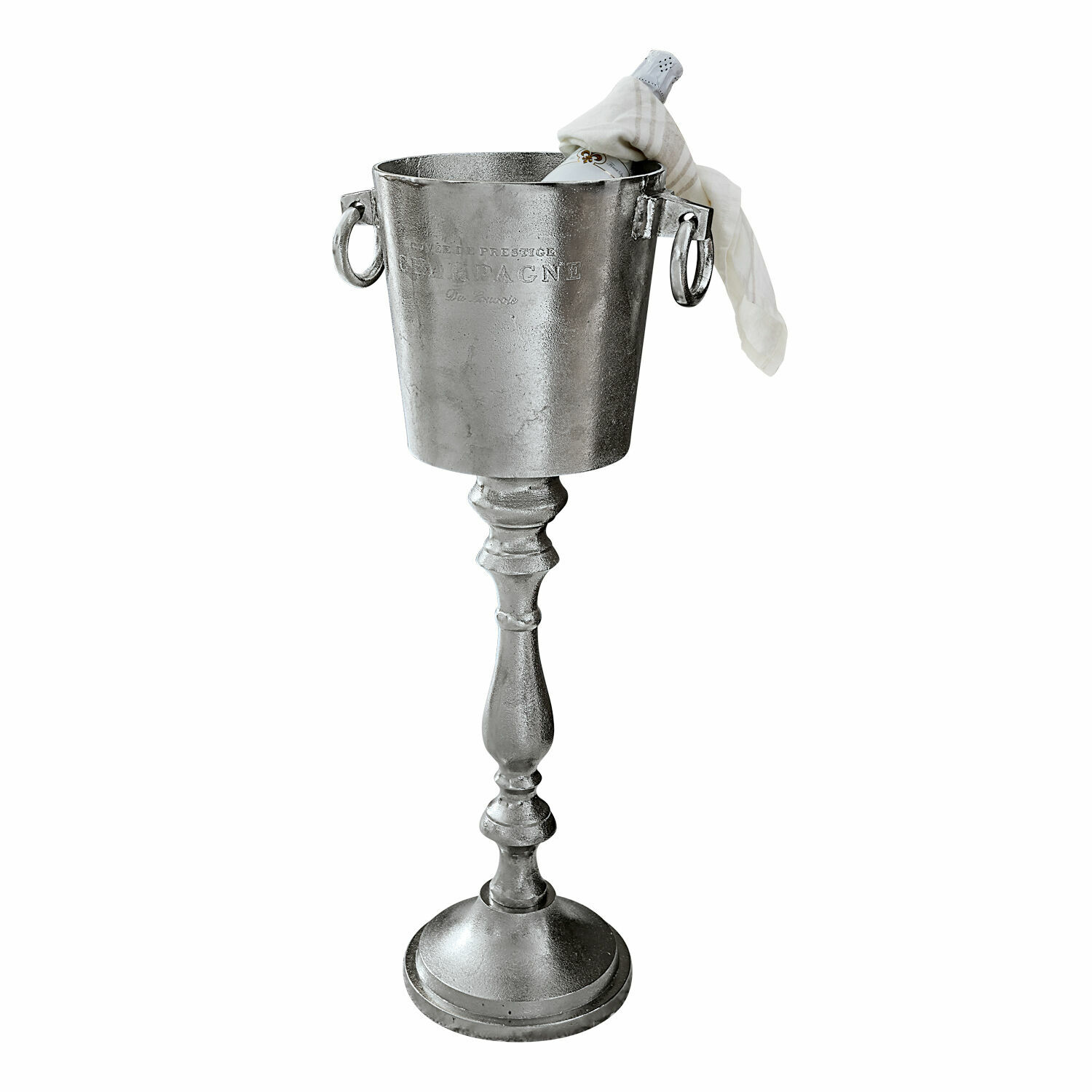 Enfriador de champán Danville Cubitera de metal plateado con soporte y asas, con botella de champán, accesorio elegante para servir bebidas