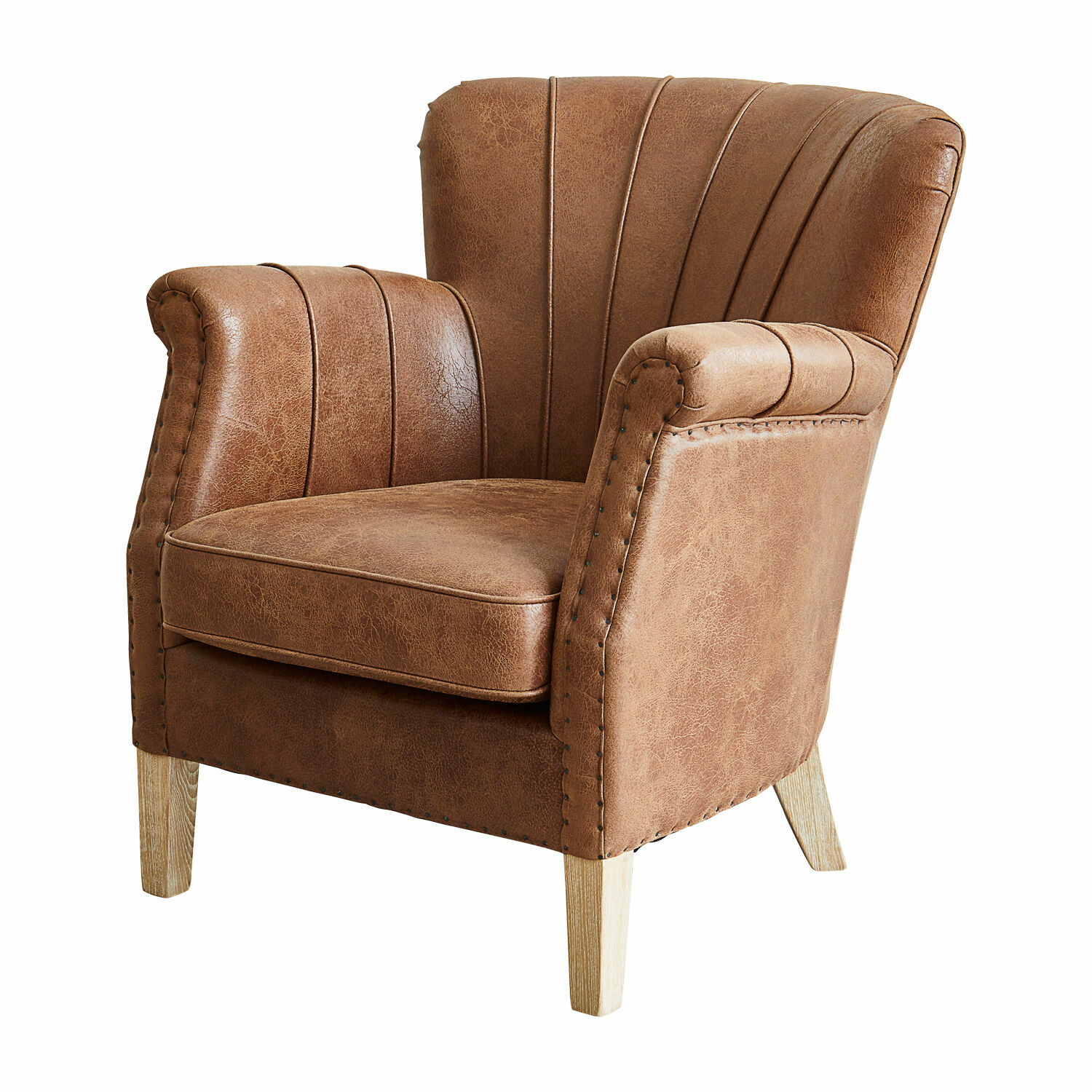 Sillón Bartley Sillón marrón de polipiel con patas de madera clara, asiento cómodo para salón moderno