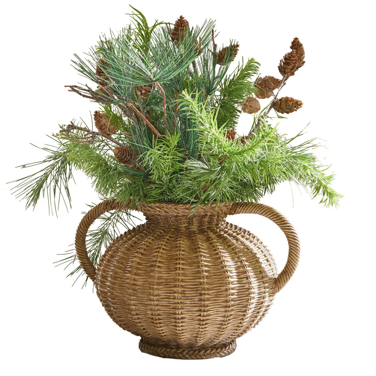 Jarrón Kaelvik Jarrón de mimbre con asas con ramas verdes y piñas, decoración natural para interiores