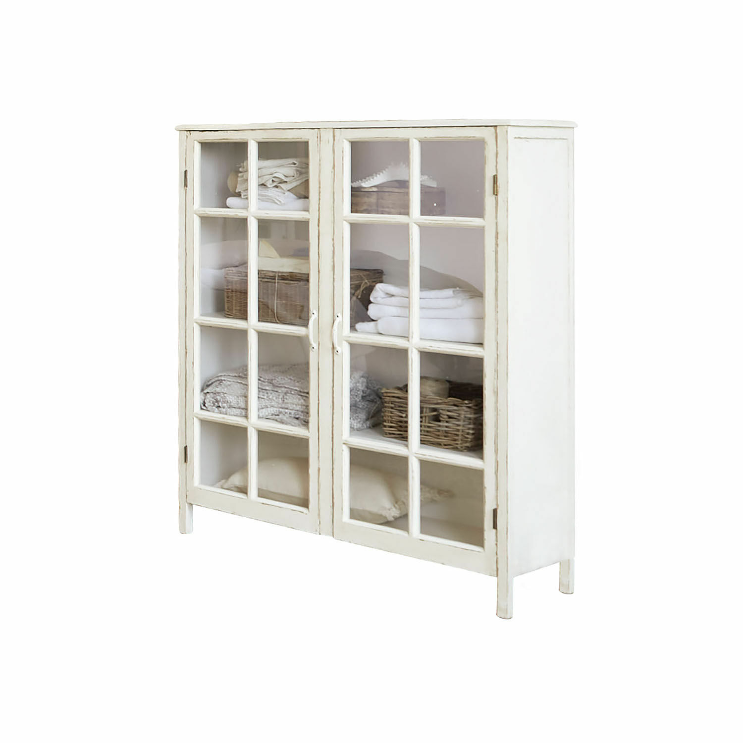 Cómoda Sherman de madera en blanco antiguo con puertas de cristal y estantes para textiles