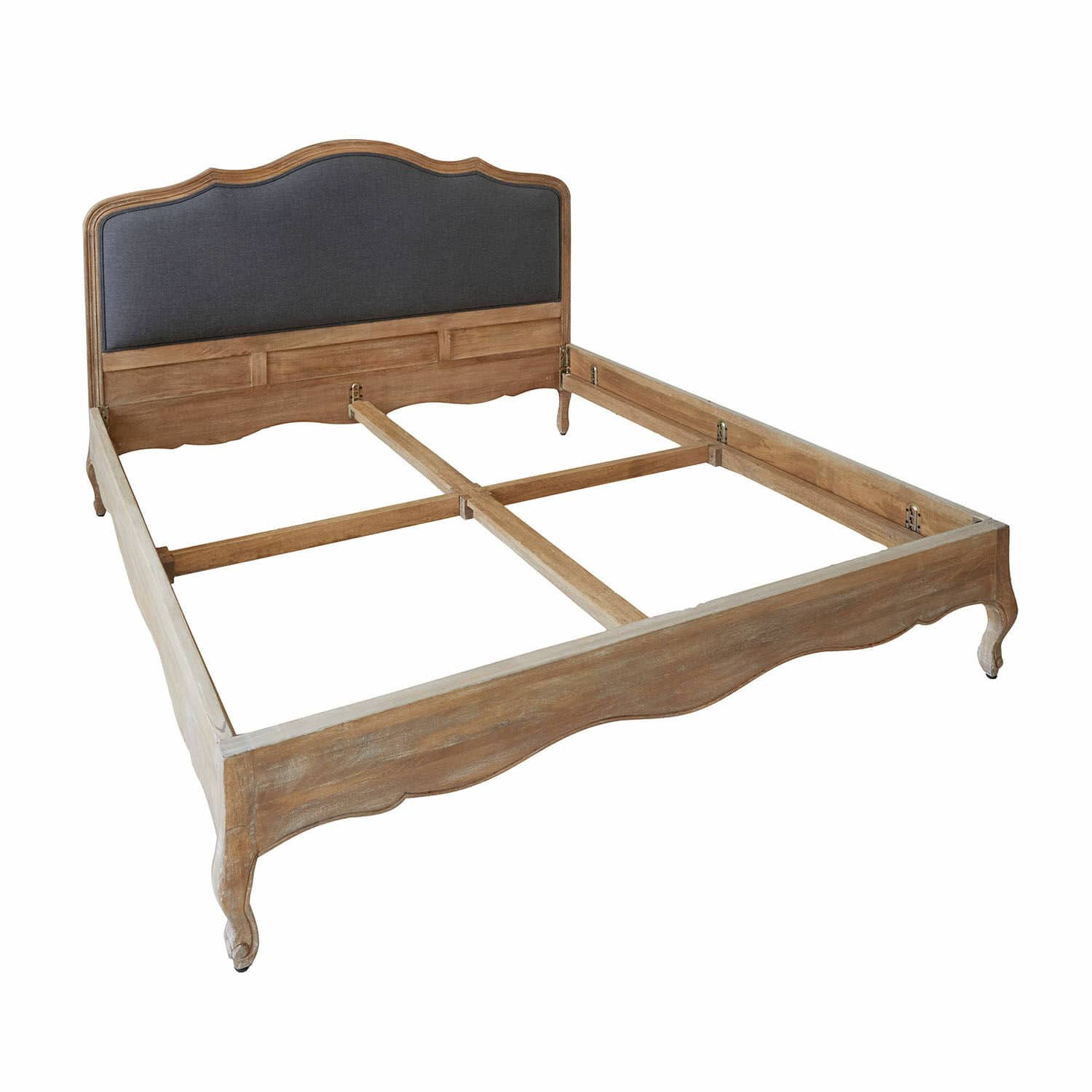 Cama Serravalle Cama de madera con cabecero tapizado gris y acabado rústico para dormitorio