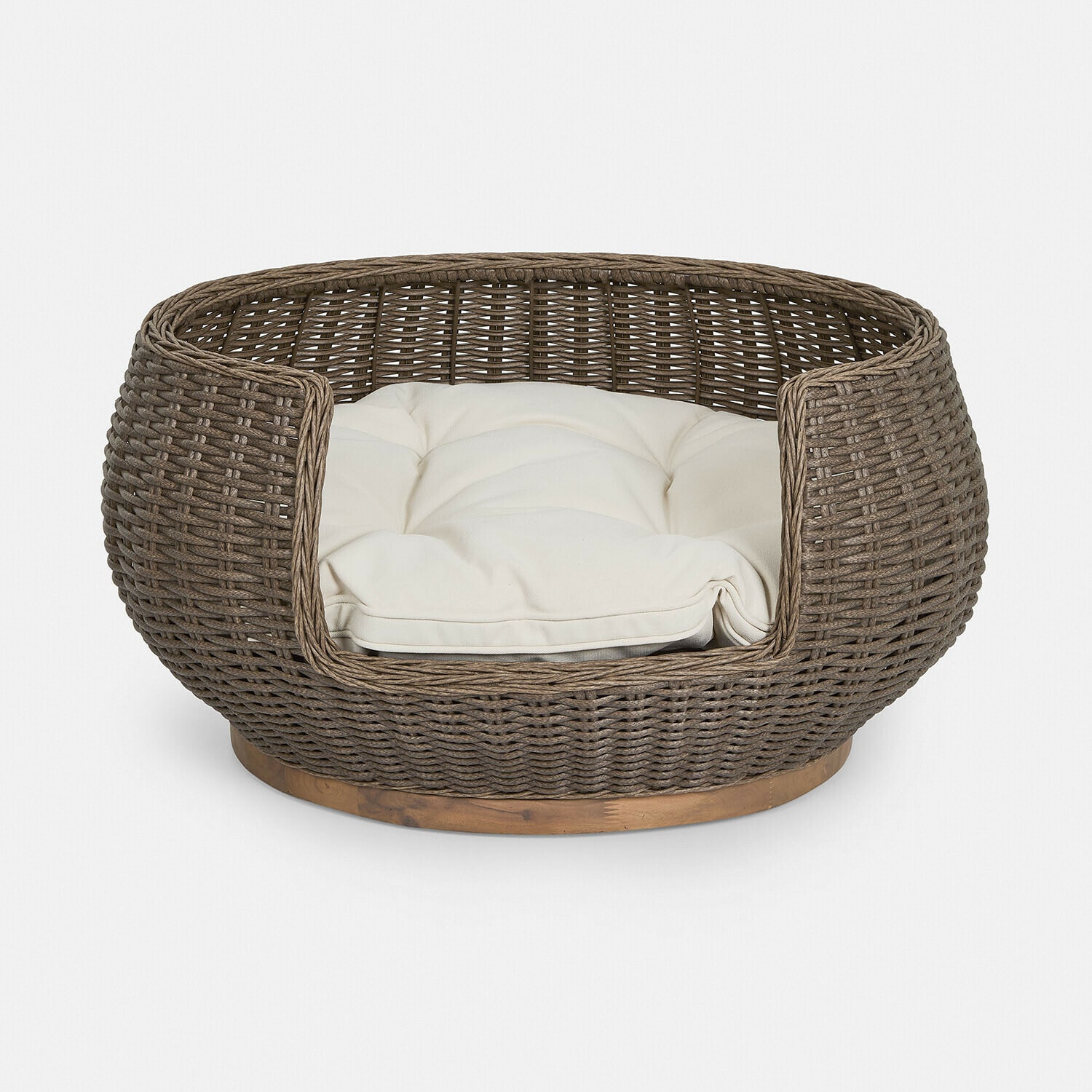 marrón/crema Cama para mascotas de mimbre marrón con cojín crema sobre base de madera, cómoda y resistente