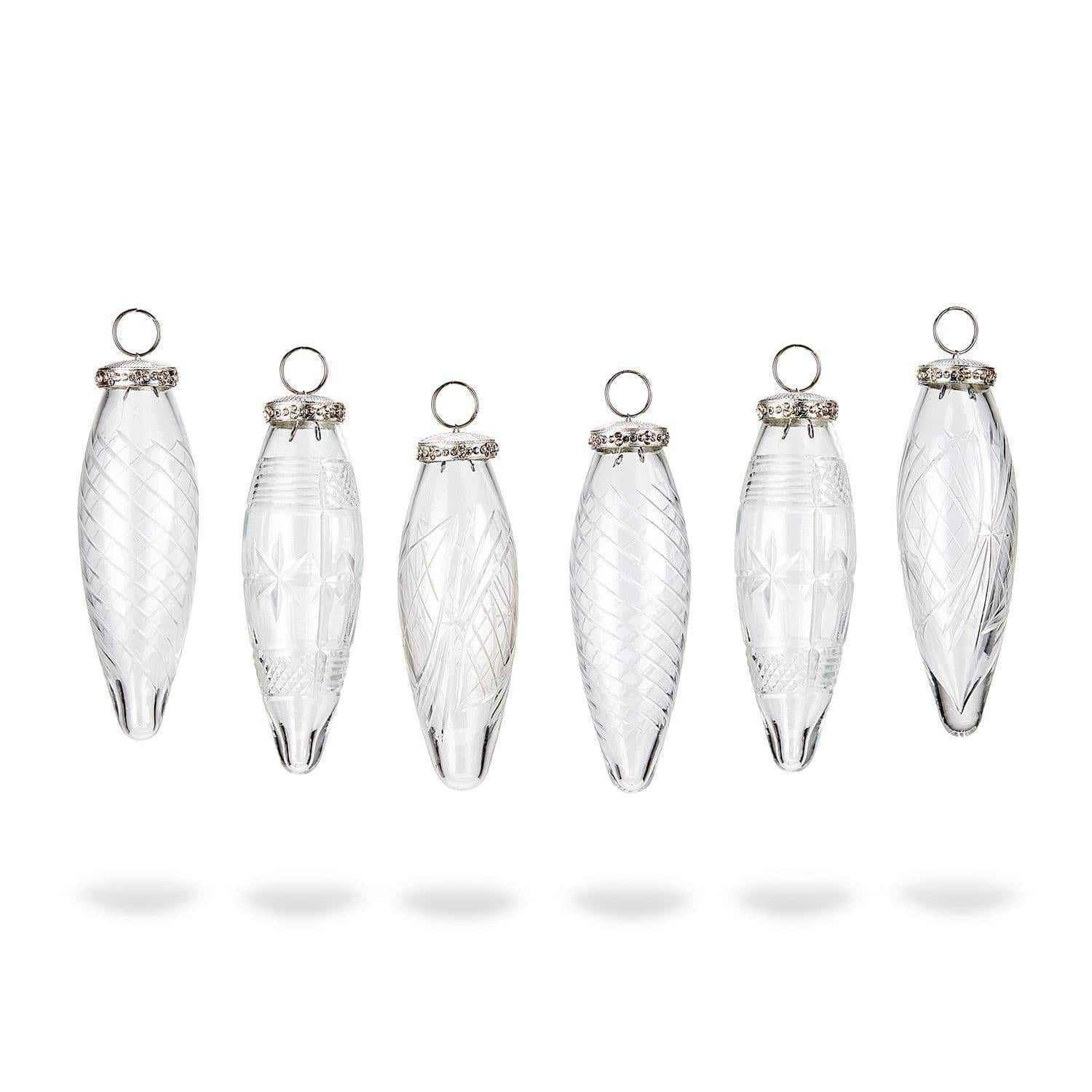 Set de 6 adornos navideños Loulay Conjunto de seis adornos navideños de vidrio transparente con anillas metálicas y grabados decorativos