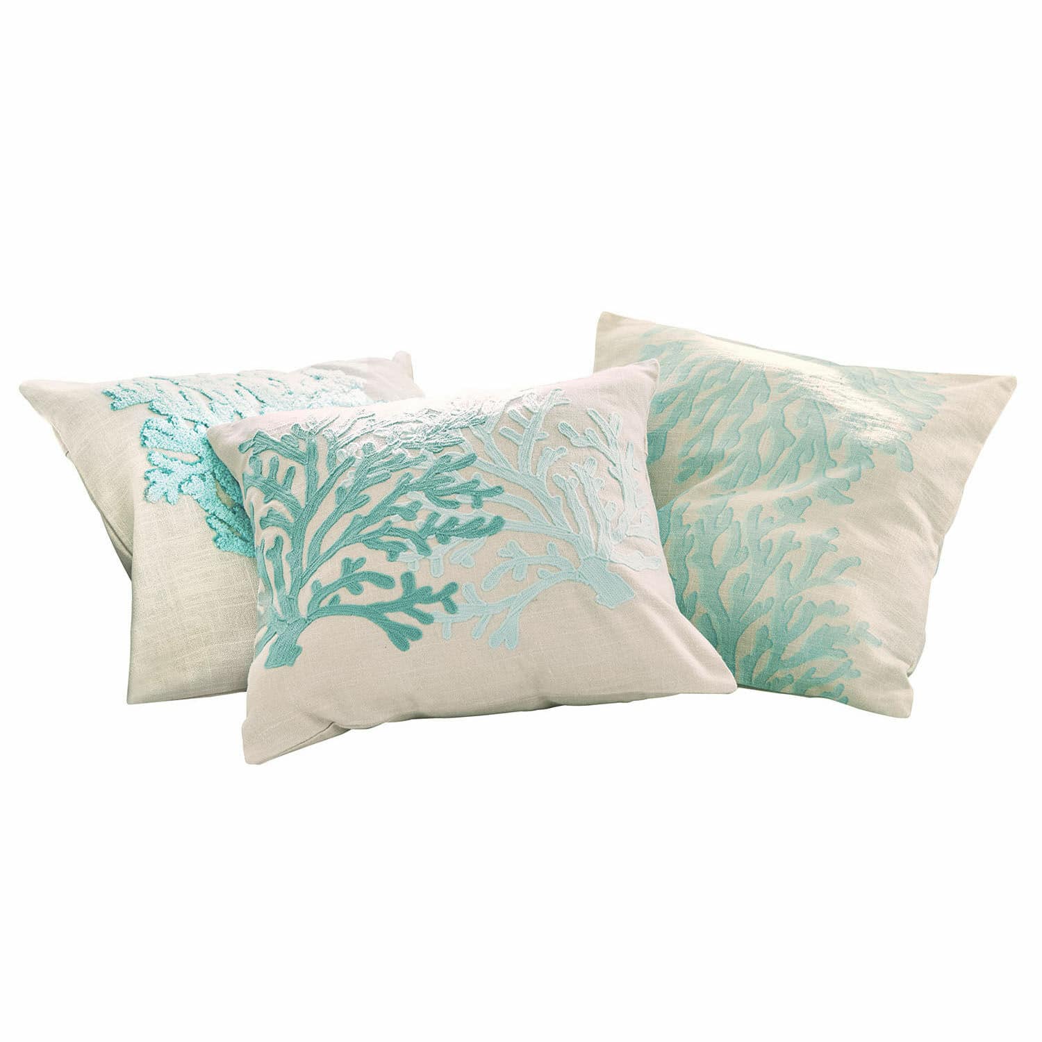 Set de 3 fundas de cojín Vaiea Conjunto de tres cojines de lino con bordado de coral turquesa, decoración para sala