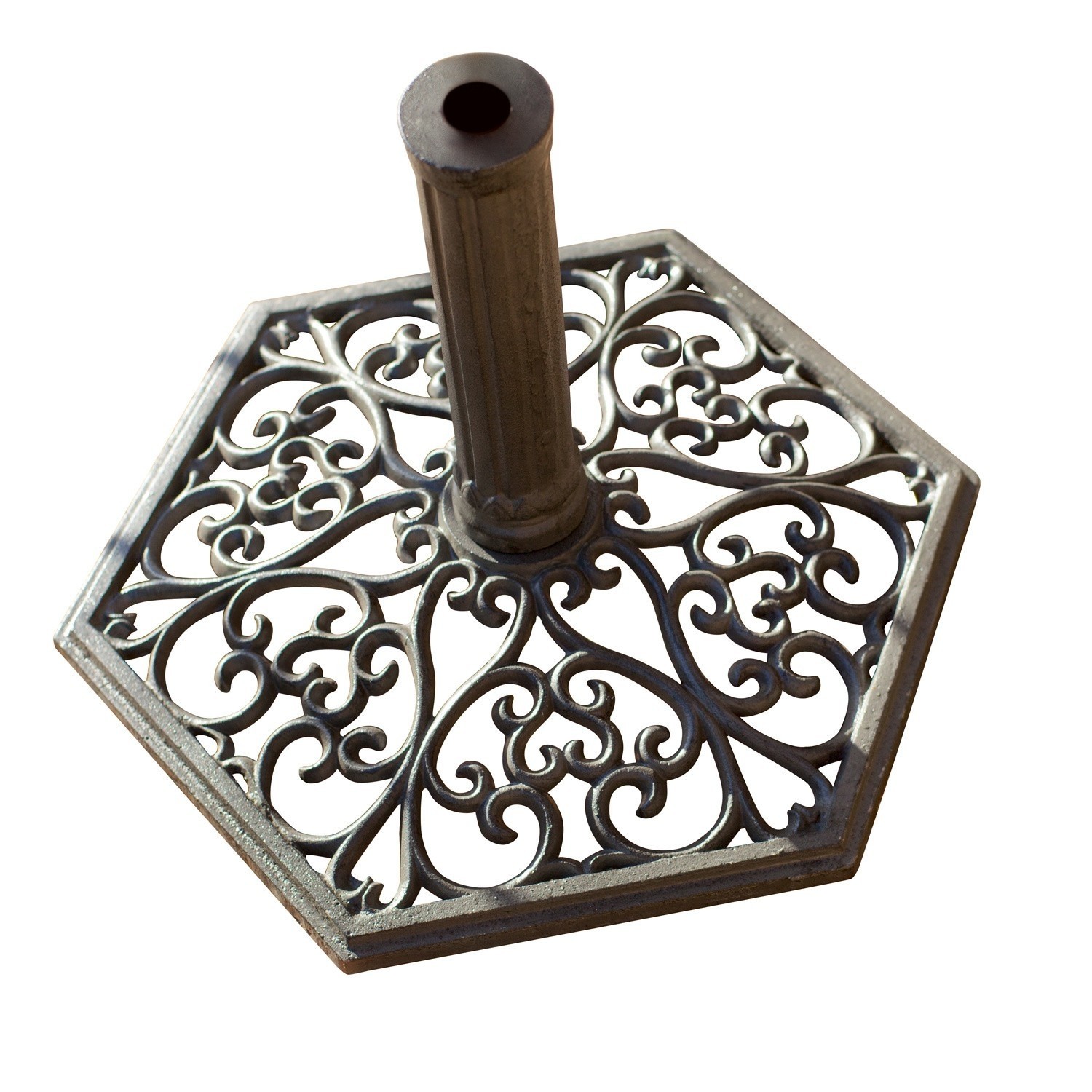 Paragüero Montant Base de sombrilla de metal gris con diseño calado decorativo y forma hexagonal
