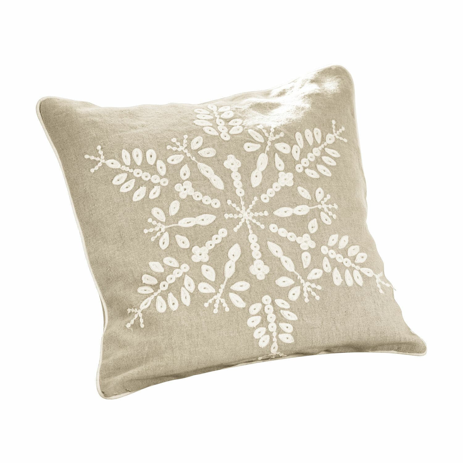 Funda de cojín Snowflake Cojín beige de lino con bordado blanco en forma de copo de nieve, decoración para sala