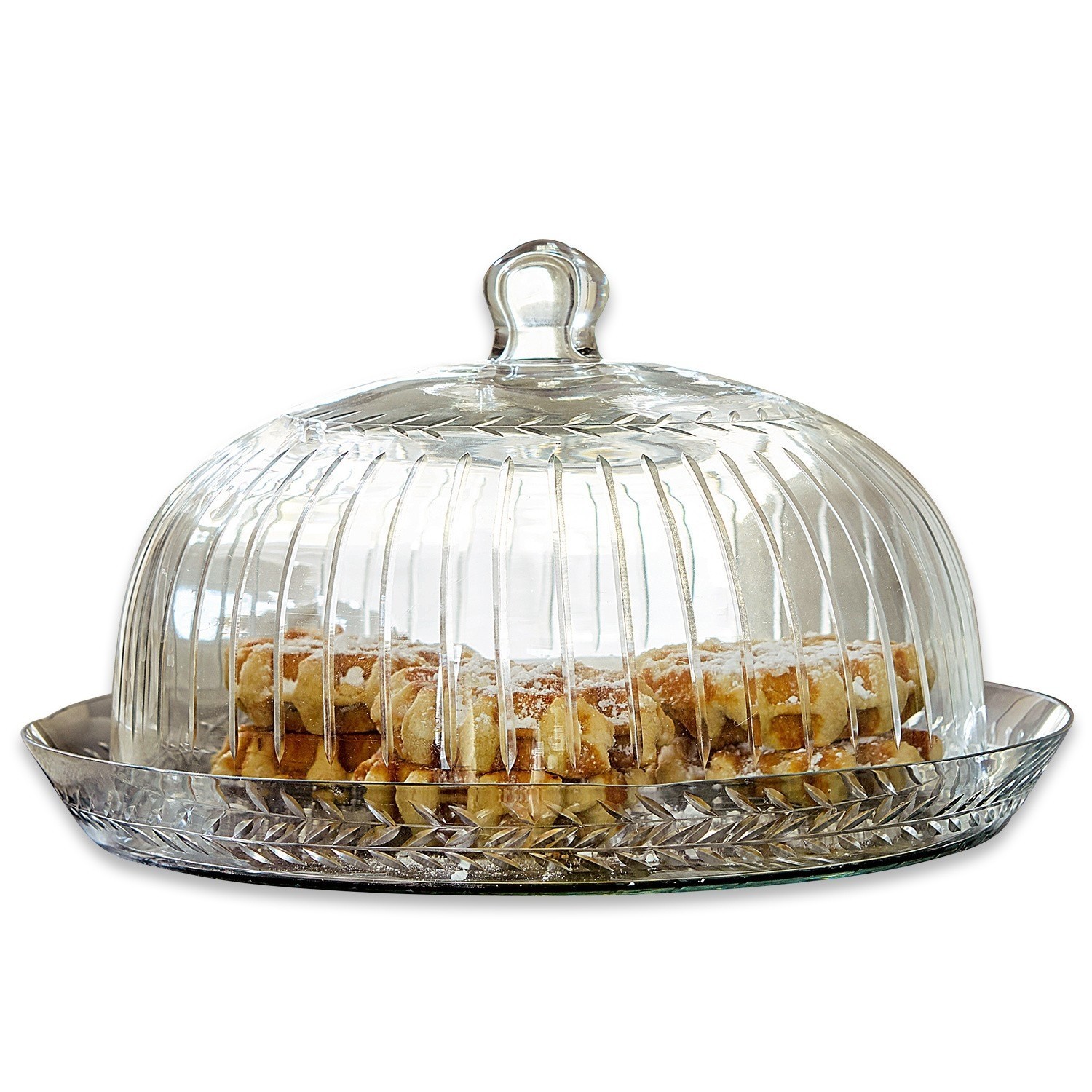 Campana de cristal con plato Layla Campana de cristal transparente con diseño de hojas, plato redondo con gofres dentro, para servir pasteles