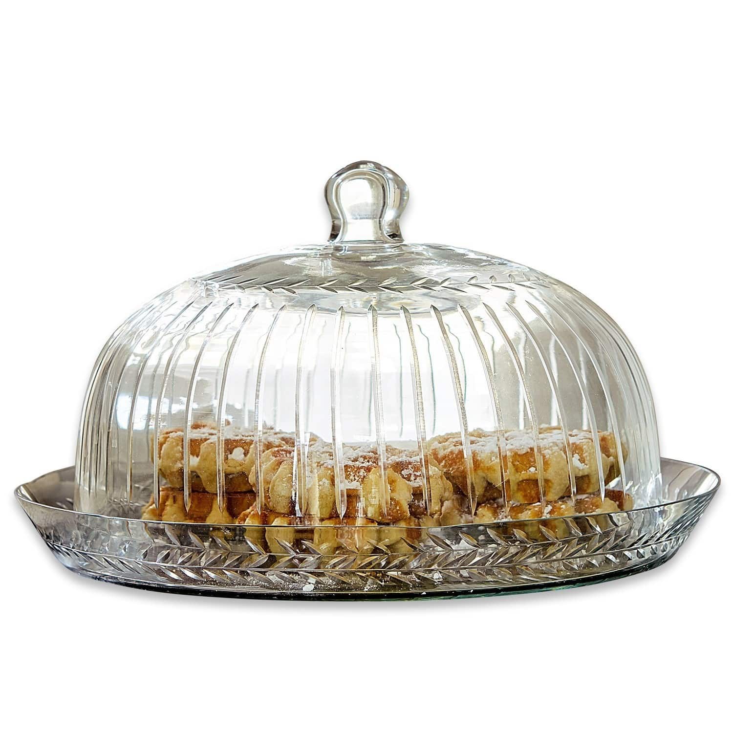 Campana de cristal con plato Layla Campana de cristal transparente con diseño de hojas, plato redondo con gofres dentro, para servir pasteles