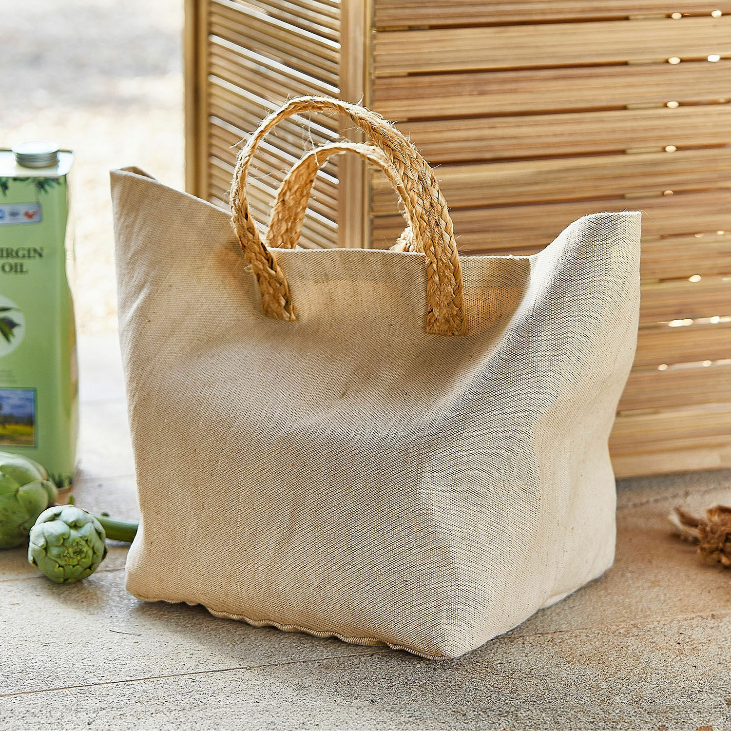 Bolso Bexirov Bolsa beige de tela con asas trenzadas de material natural, bolsa práctica para compras