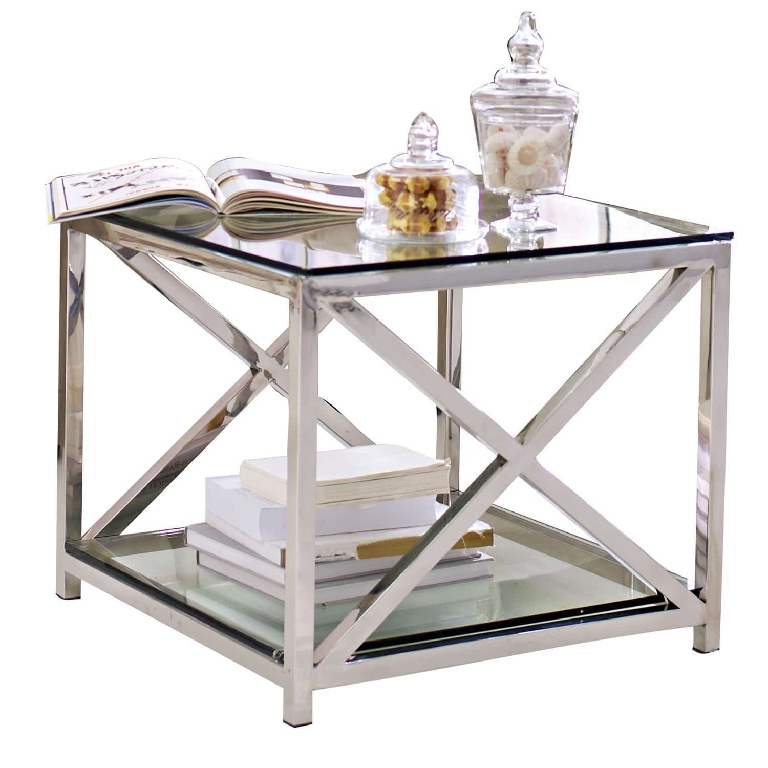 Mesa auxiliar Stamford Mesa de centro cuadrada de vidrio y acero inoxidable con estante y decoraciones encima