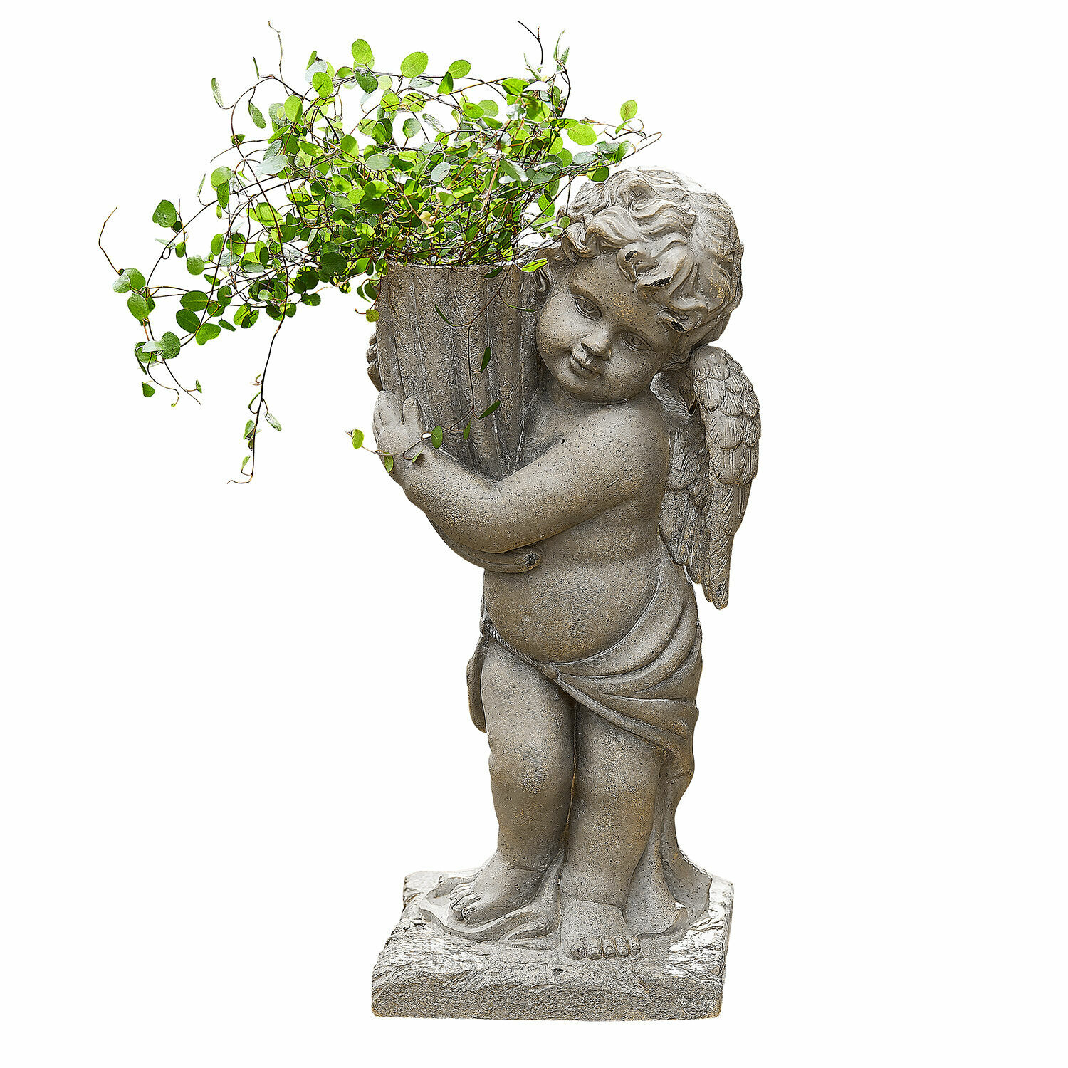 Jardinera Pirie Figura de ángel de piedra gris sosteniendo maceta con hojas verdes para decoración de jardín