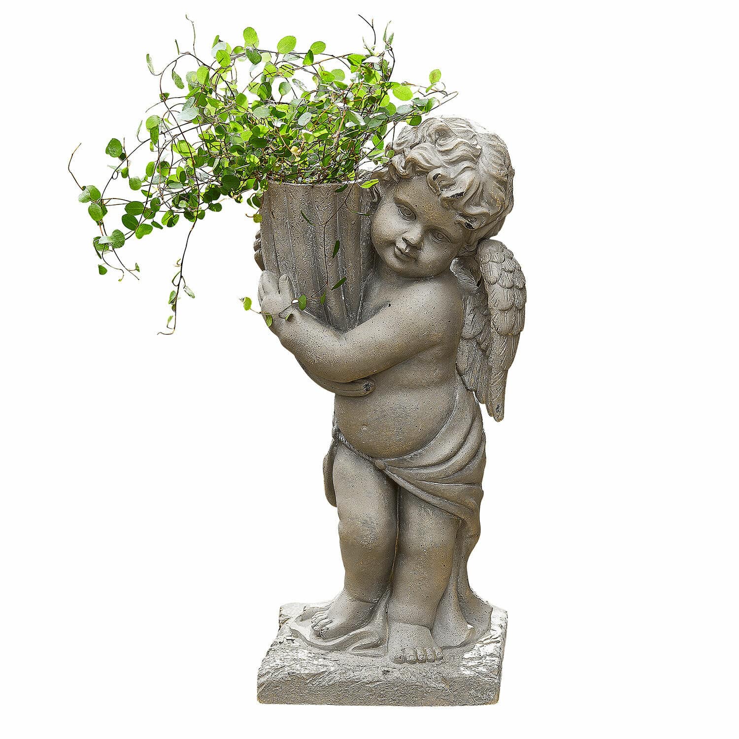 Jardinera Pirie Figura de ángel de piedra gris sosteniendo maceta con hojas verdes para decoración de jardín