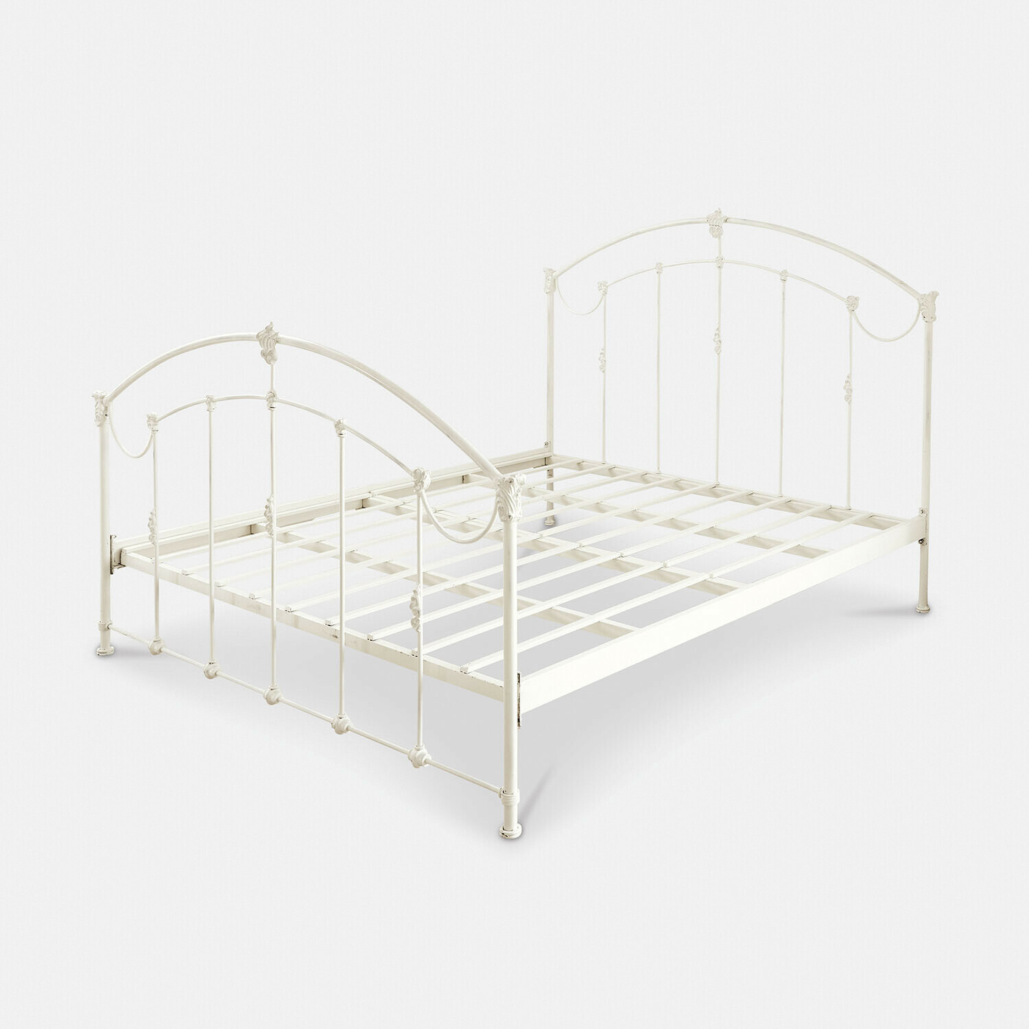 Cama Canefield Cama de metal blanca con cabecero y pie decorativos, estilo vintage para dormitorio