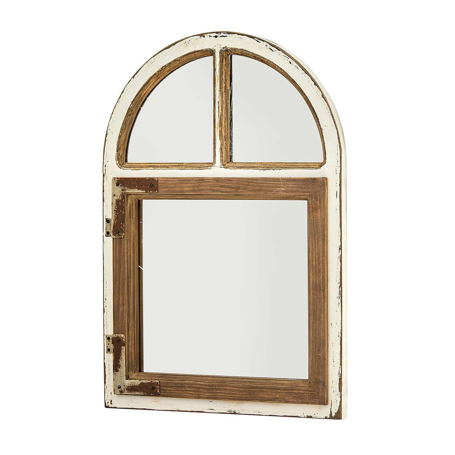 Espejo Zilvento Espejo de pared de madera blanca y marrón con forma de ventana, decoración vintage para hogar
