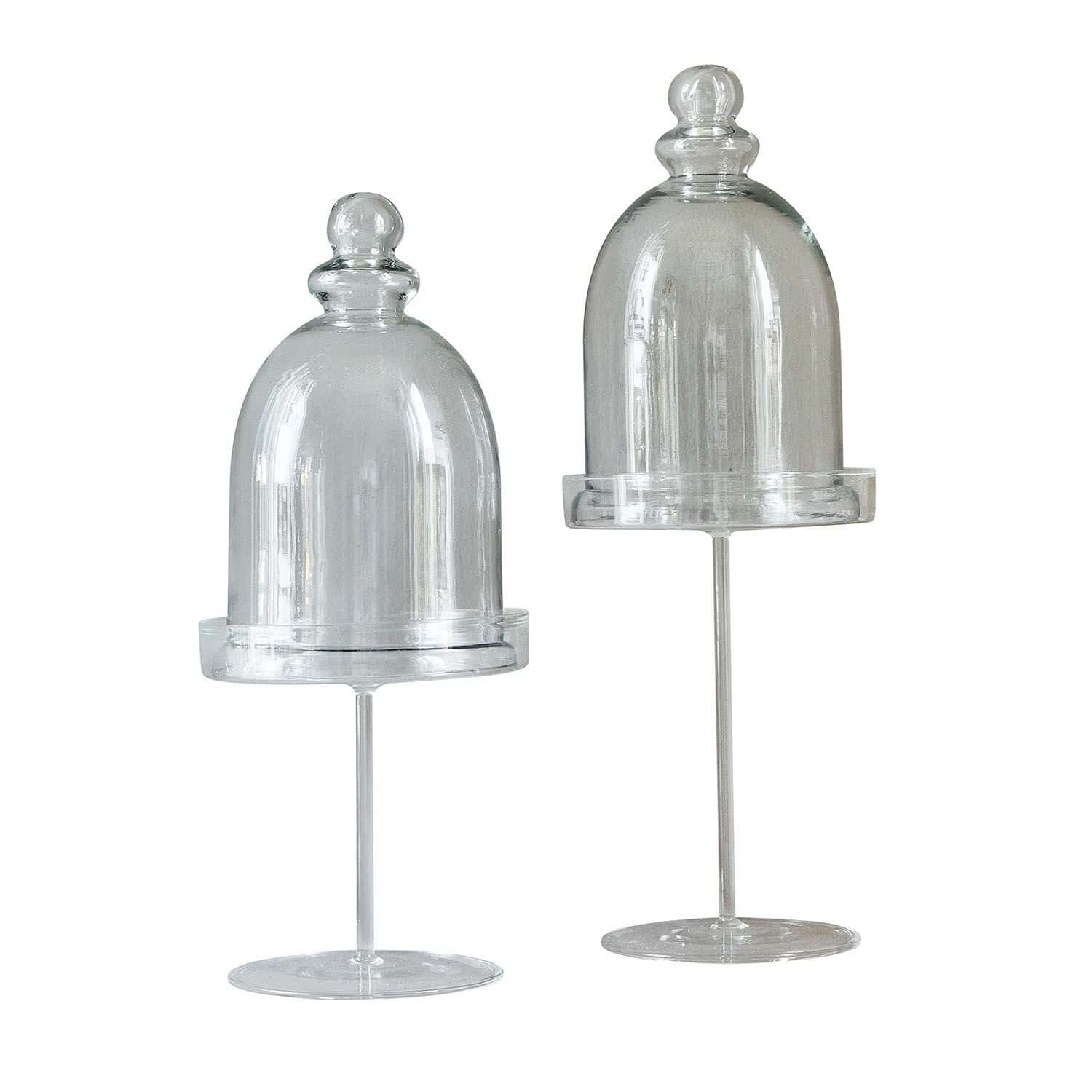 Set de 2 campanas de cristal Hibous Dos campanas de cristal transparentes con base para decoración interior, diseño minimalista