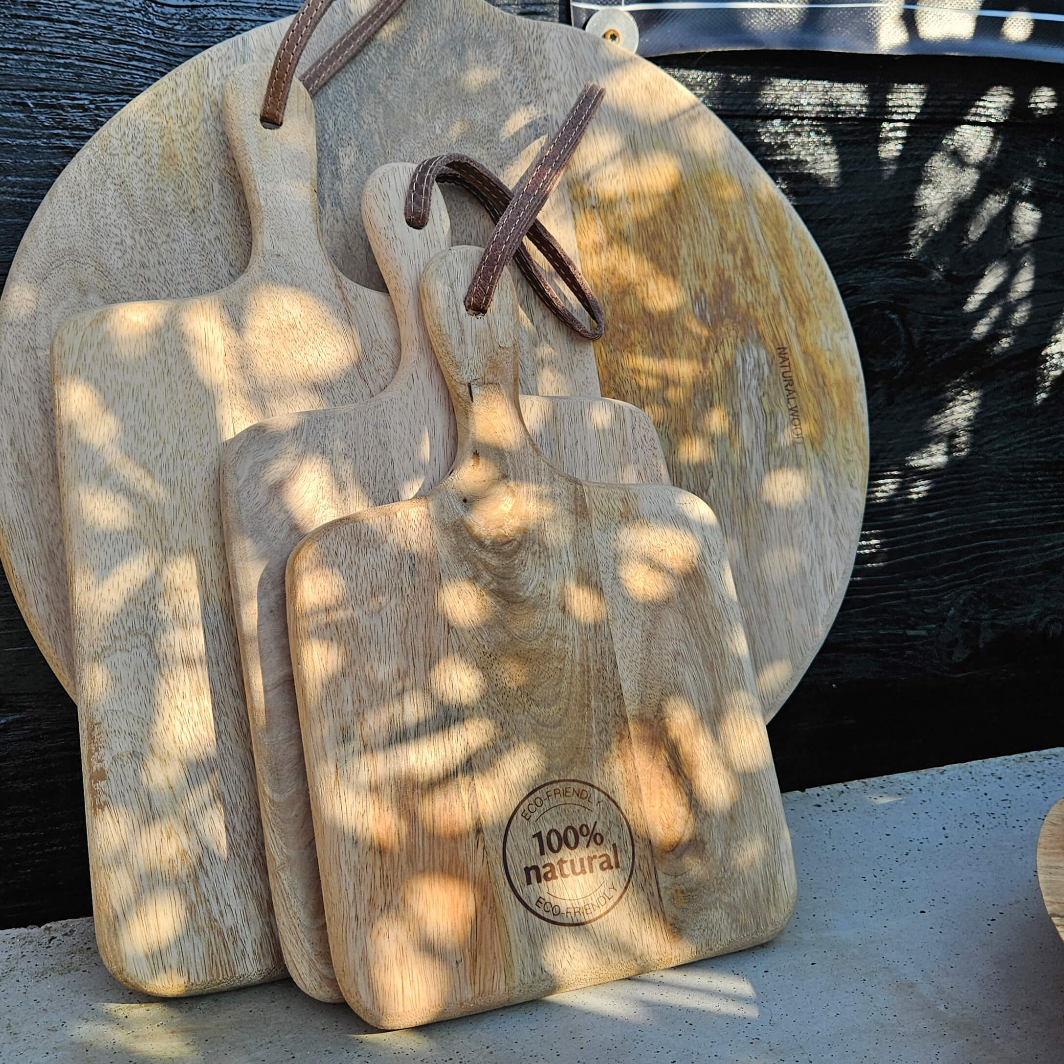 Juego de tablas de cortar de madera natural con asas y cuerdas para colgar, accesorios de cocina ecológicos