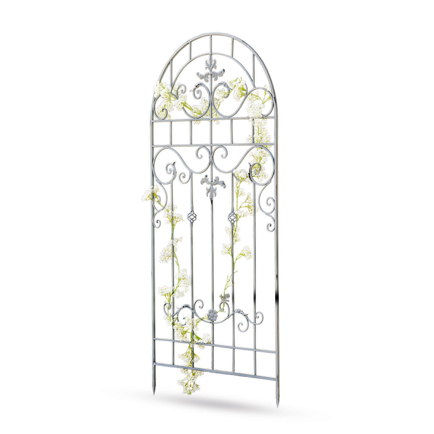 Enrejado Brac Enrejado de jardín de metal gris con flores decorativas y diseño arqueado