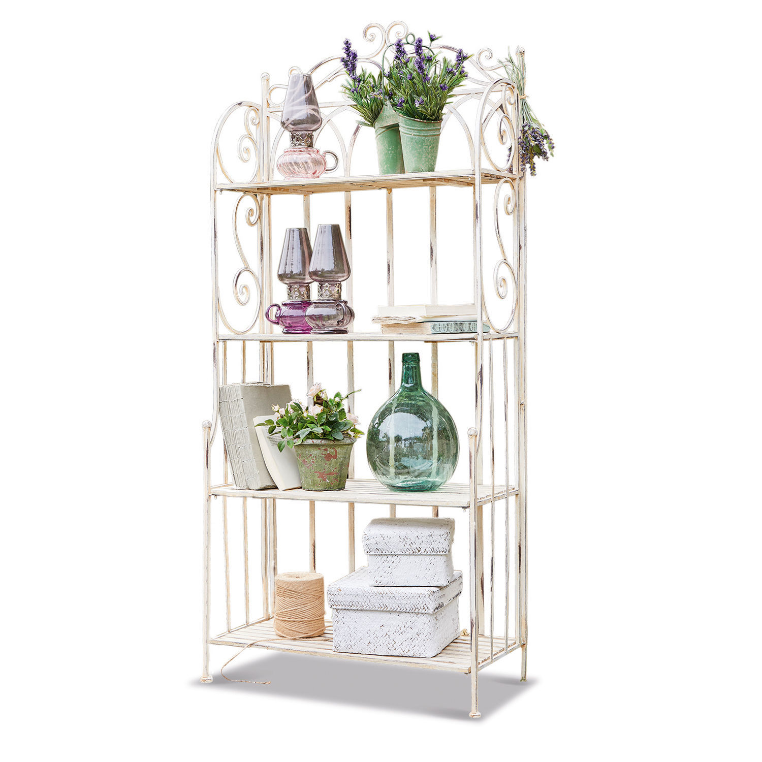 Estante Cruis Estantería metálica blanca con detalles decorativos y objetos para almacenamiento en interiores