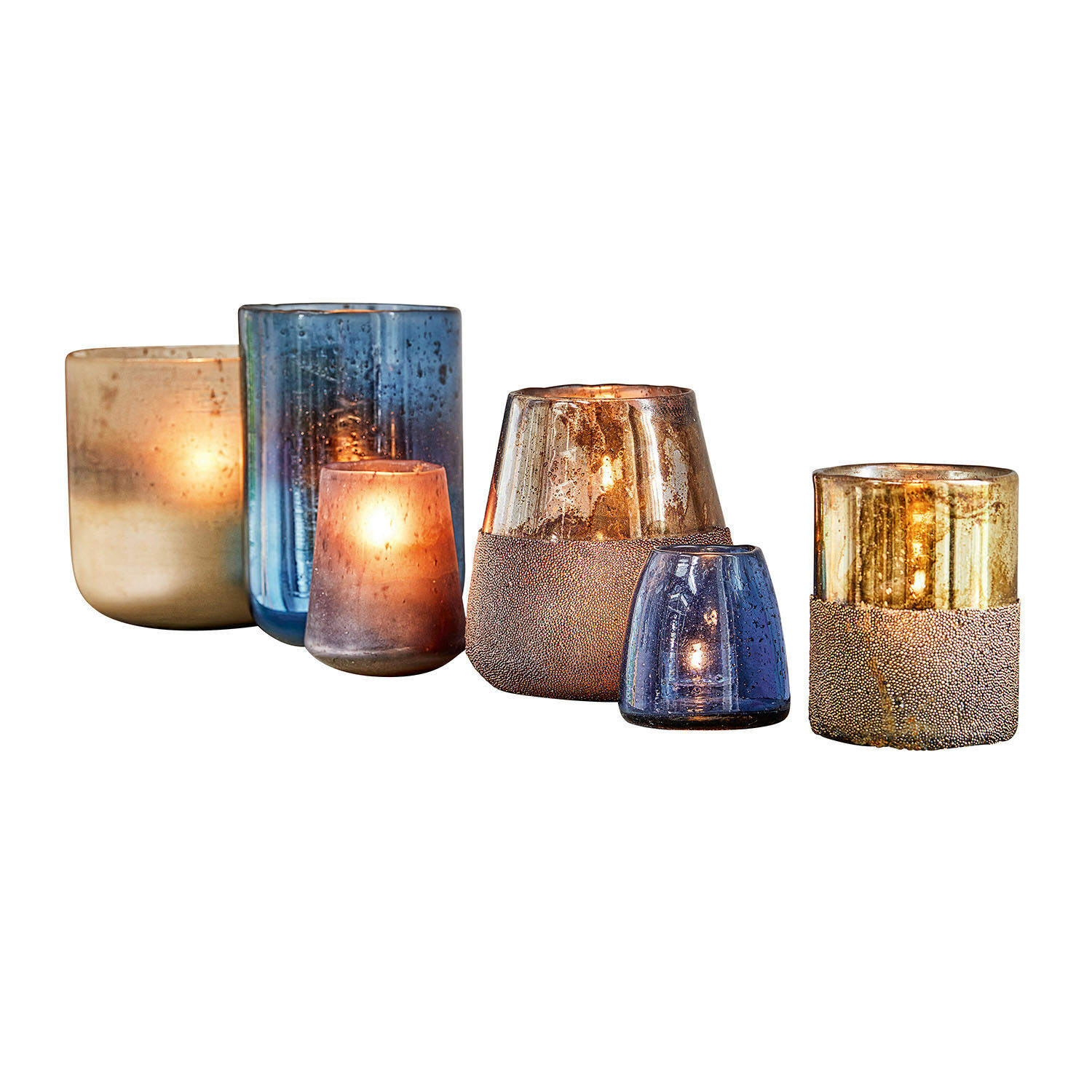 Set de 6 portavelas Paro de vidrio azul y ámbar para decoración ambiental elegante