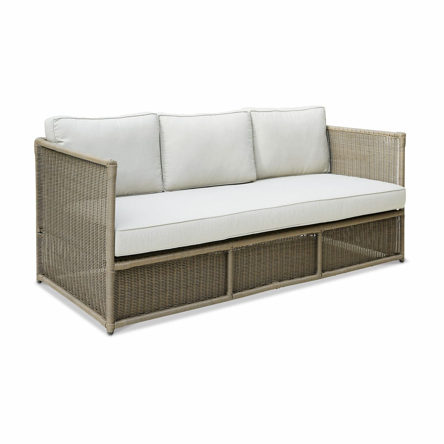 Sofá Lesmont Sofá de ratán beige con cojines claros, muebles de jardín cómodos para terraza