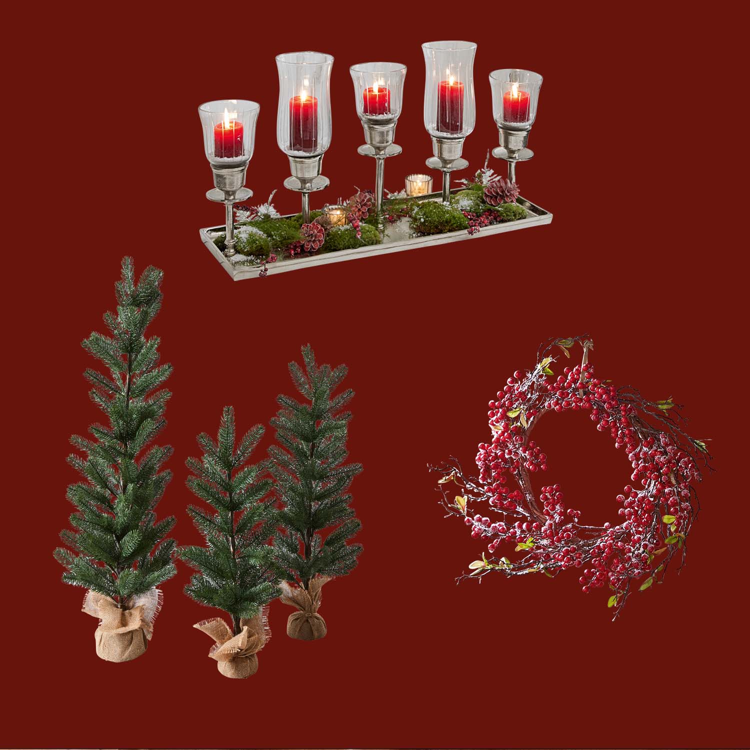 Conjunto de decoraciones navideñas con velas rojas, árboles verdes y corona de bayas rojas