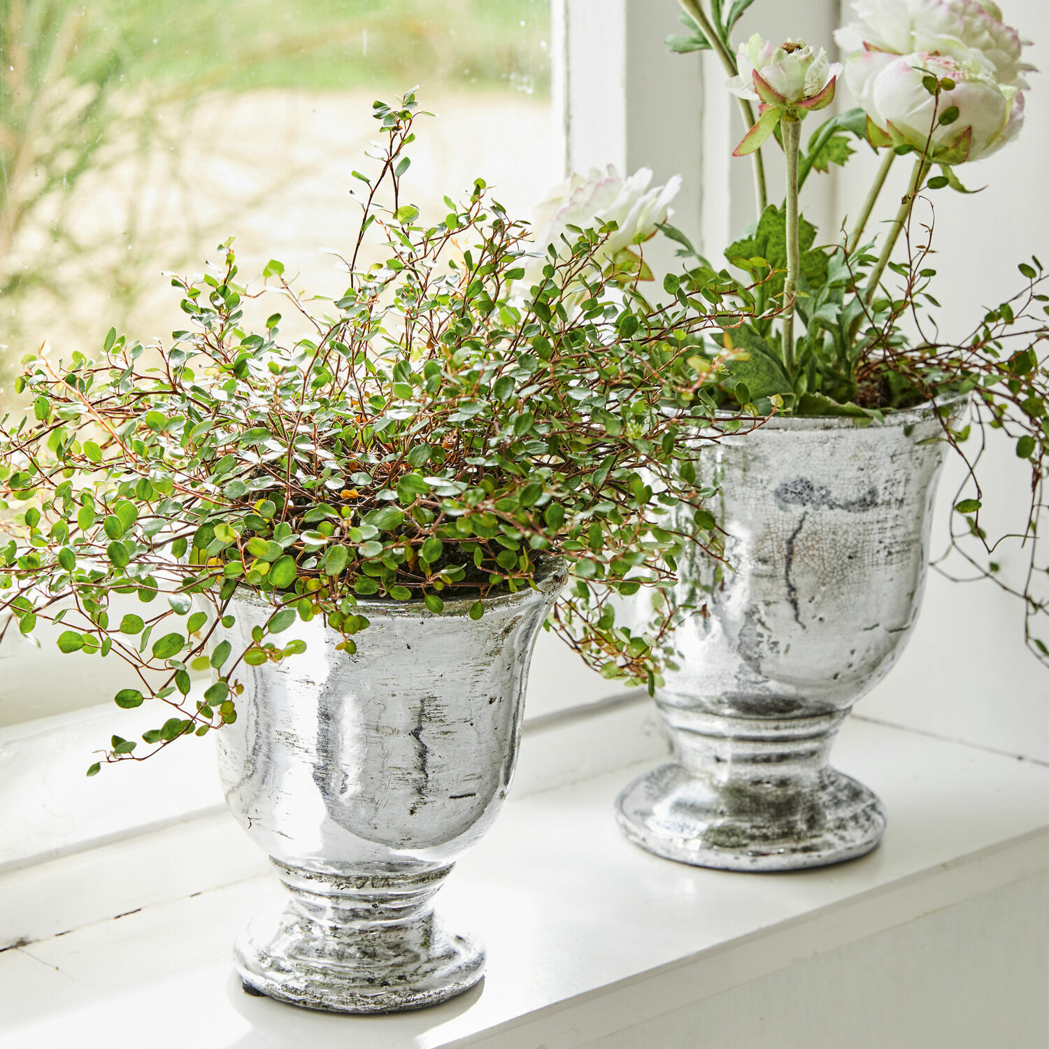Dos jarrones metálicos plateados con plantas en el alféizar, decoración interior elegante