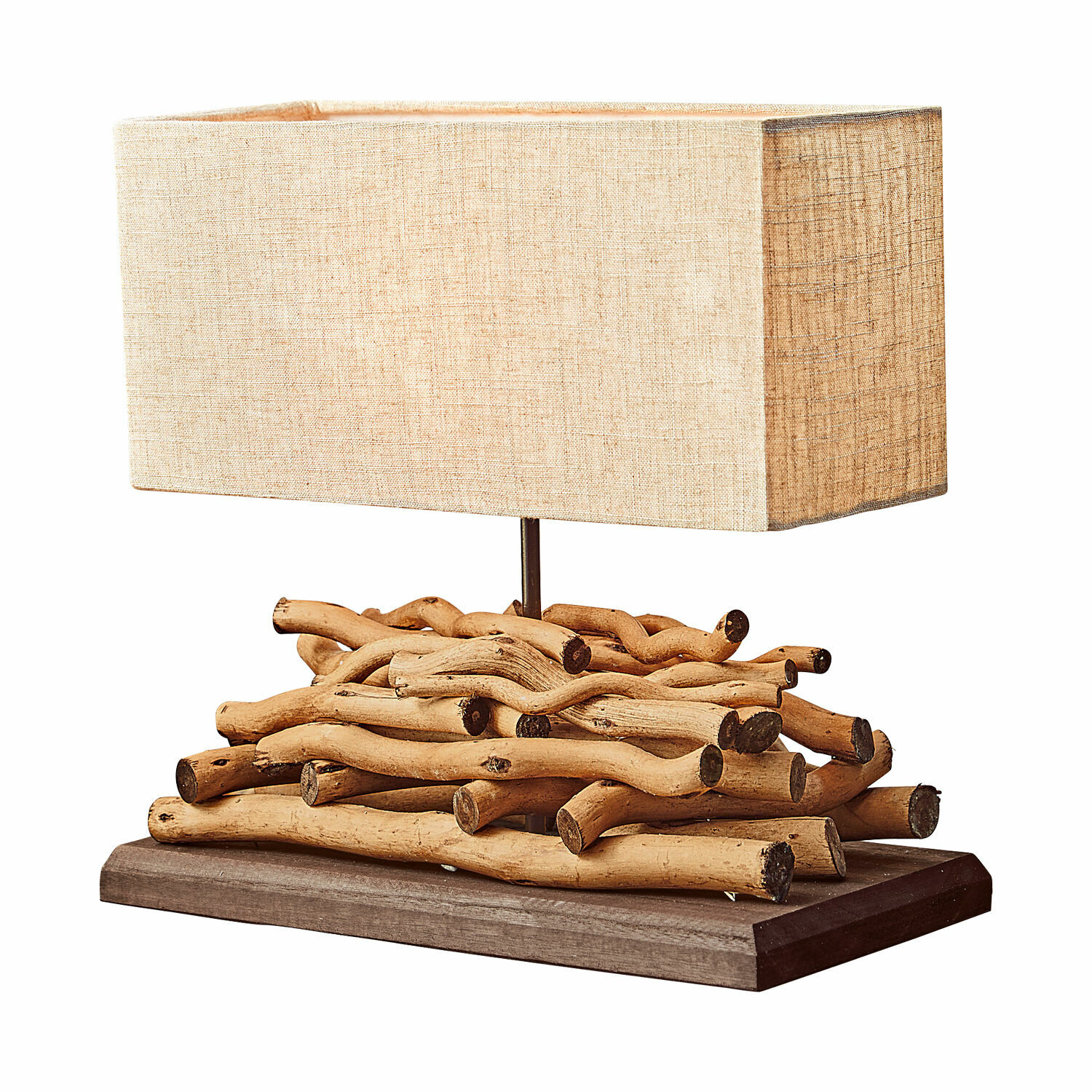 lino/marrón Lámpara de mesa Caribou con base de madera natural y pantalla beige, luz decorativa para salón