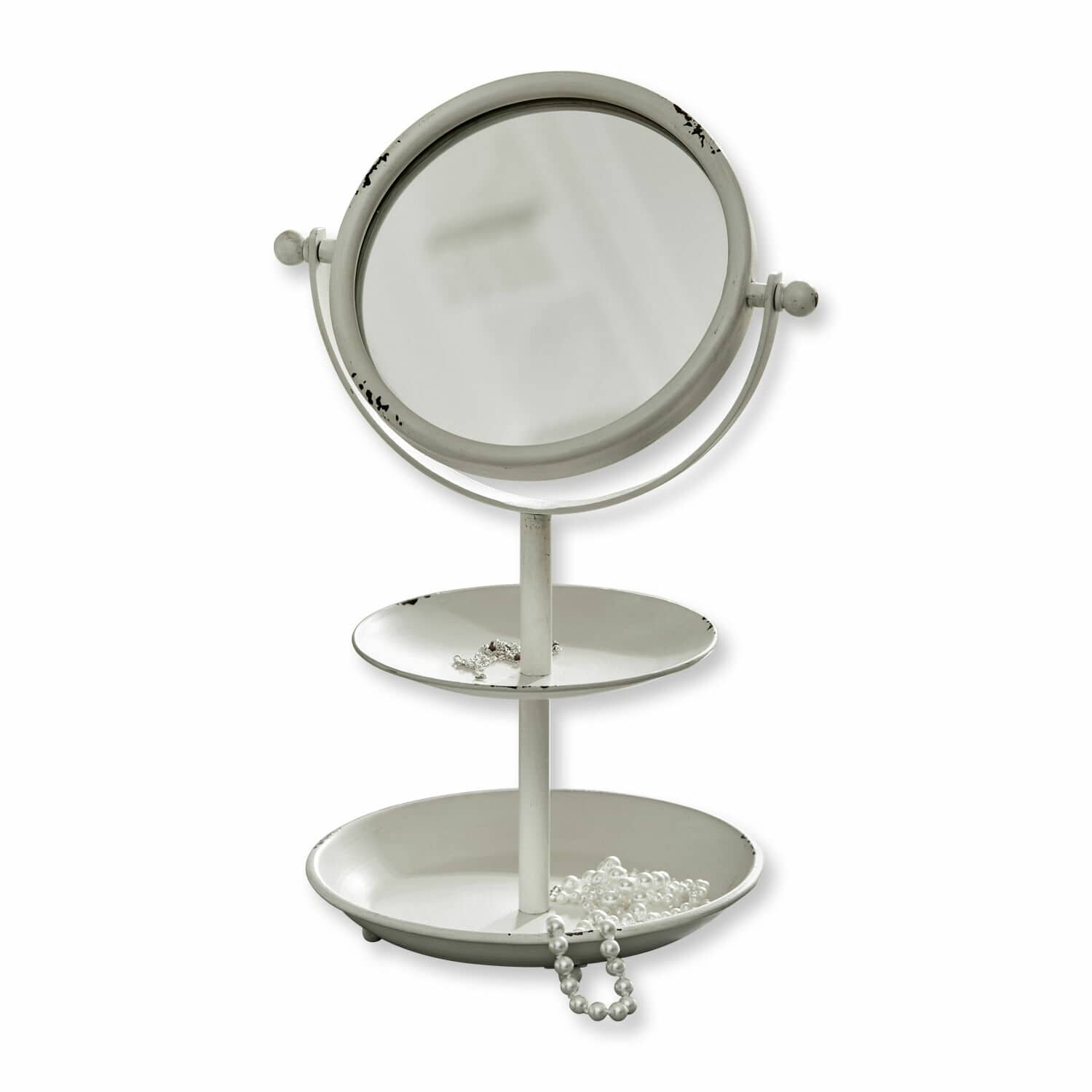 Espejo cosmético Elsa Espejo de mesa metálico blanco con dos bandejas para joyas estilo vintage